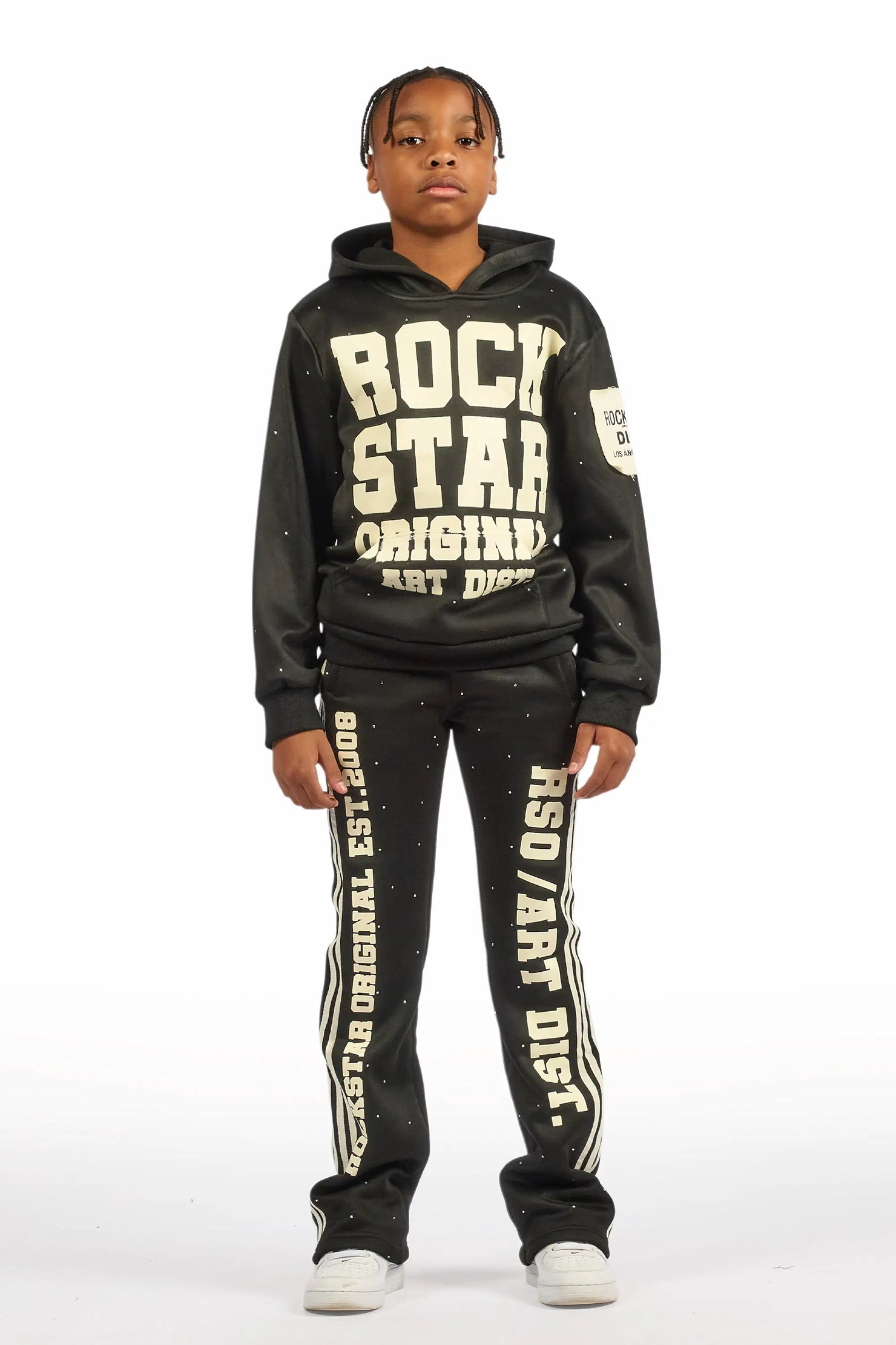 Boys Yulian Black Hoodie Stacked Track Pant Set