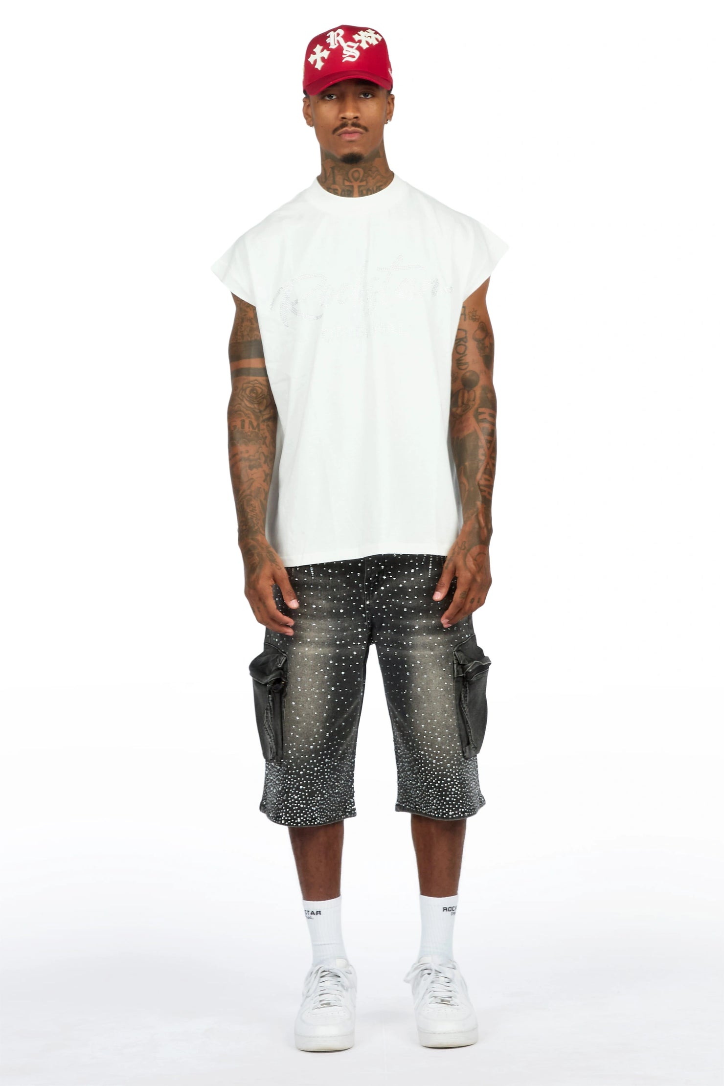 Keoni White Rhinestone Cut Sleeve T-Shirt Denim Short Set