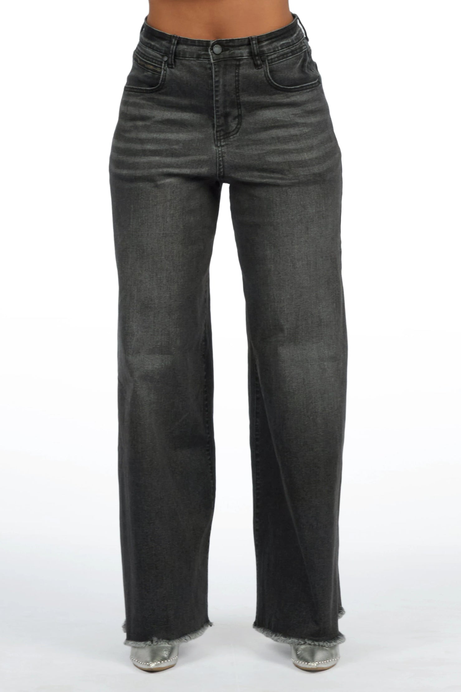 Cegaria Grey Wash High Rise Elastic Back Stretch Baggy Jean