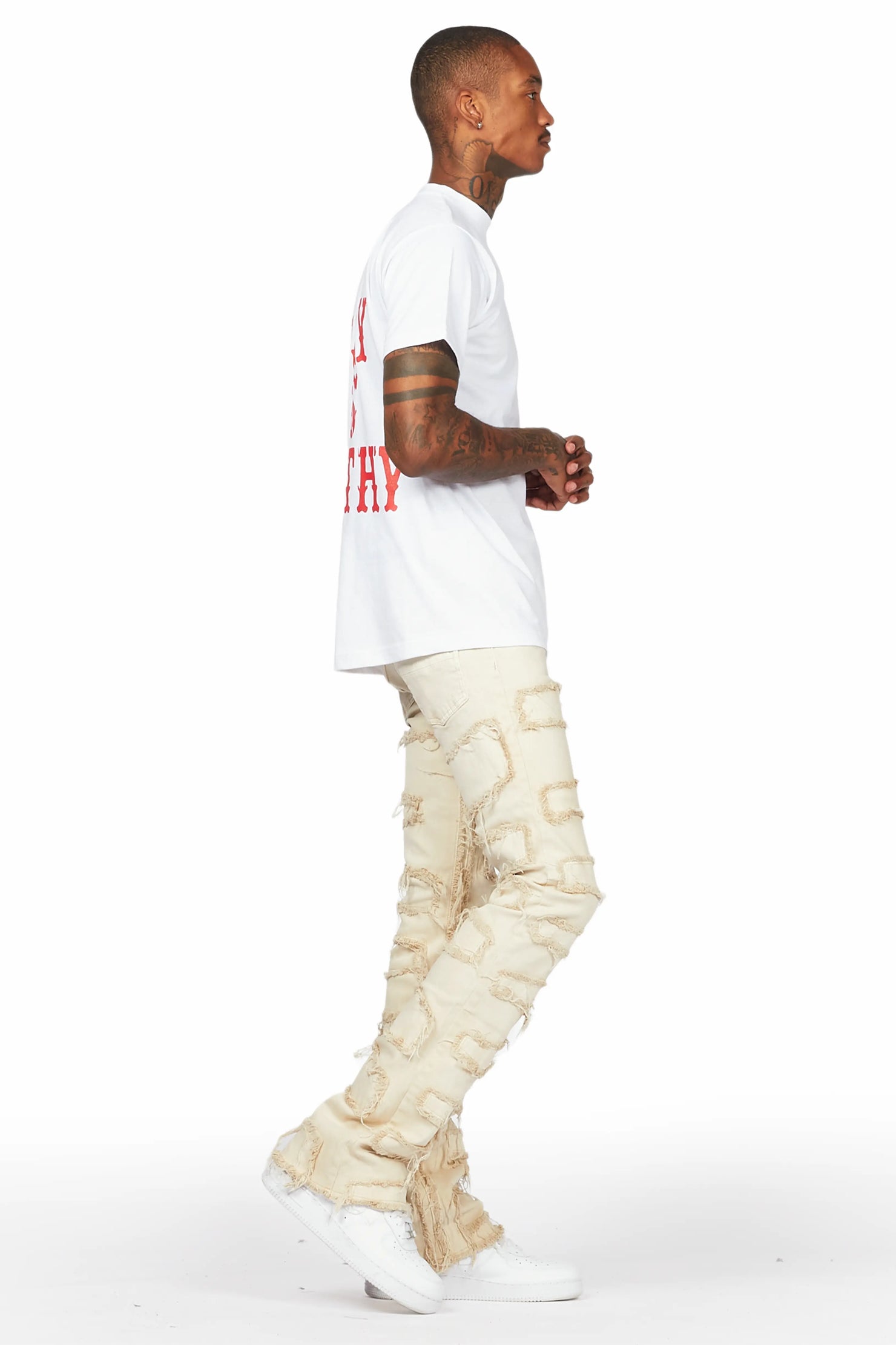 Posse White T-Shirt & Shake Beige Stacked Jean Bundle