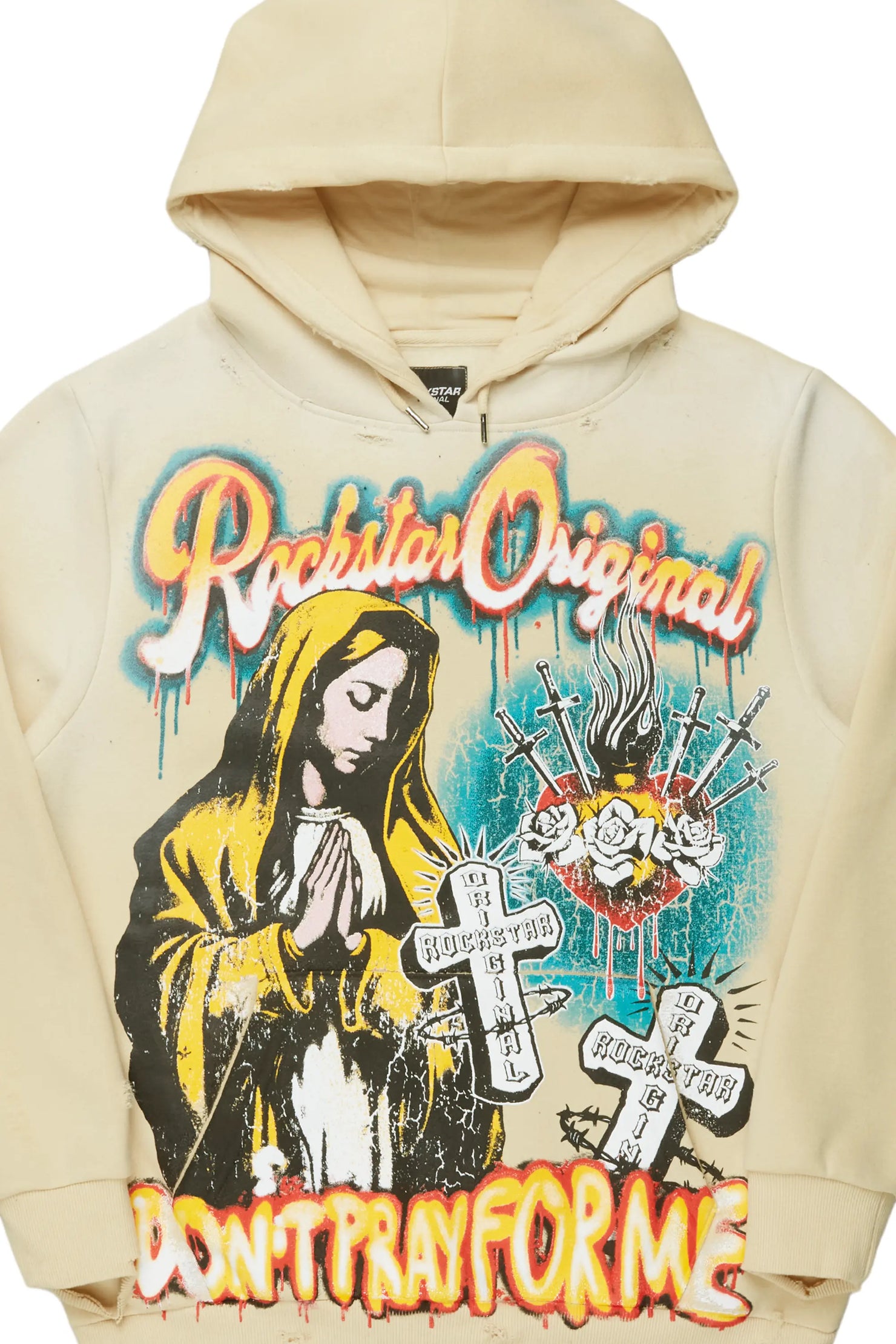 Loman Beige Distressed Graphic Hoodie