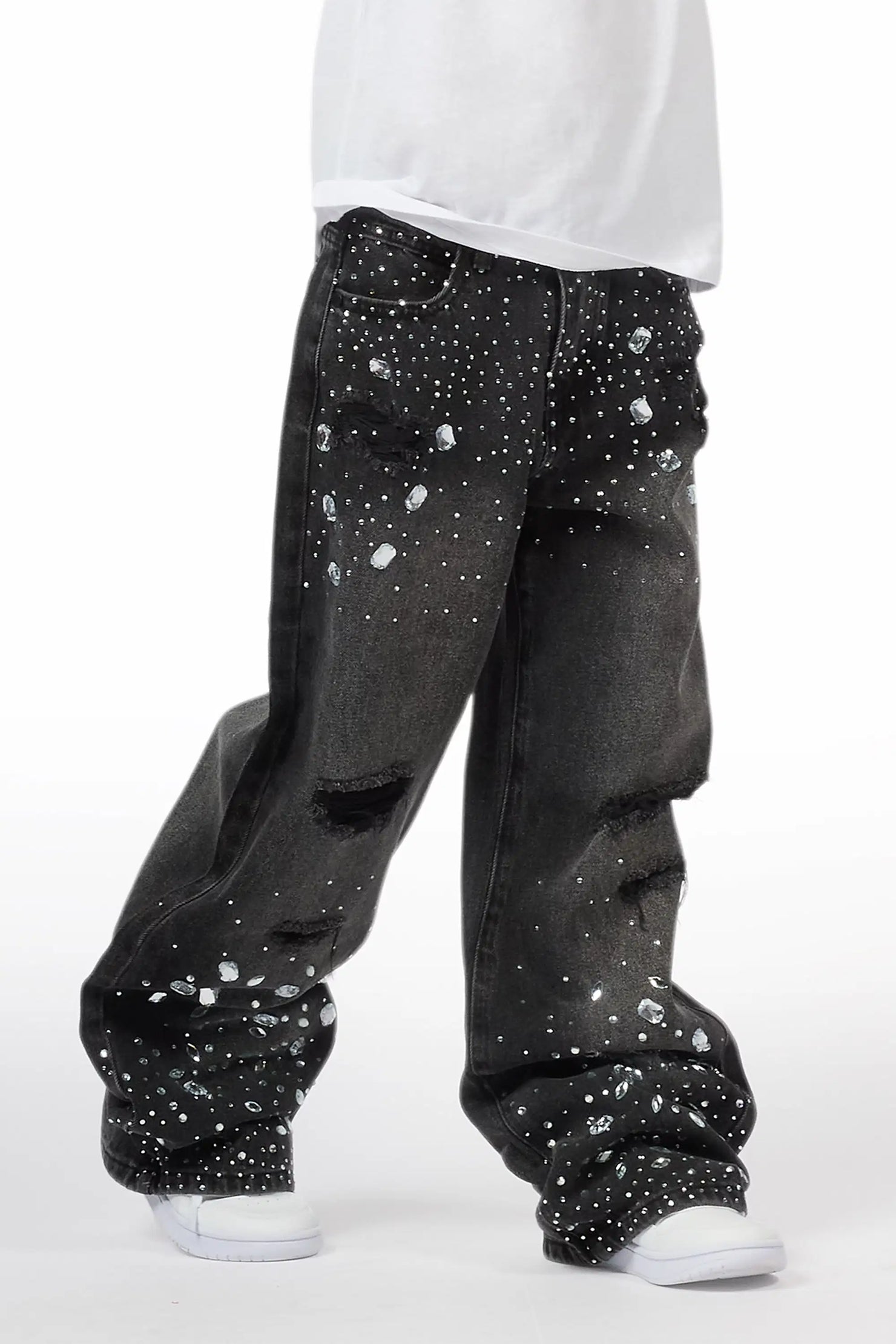 Boys Glanz Rhinestone Dark Grey Baggy Fit Jean