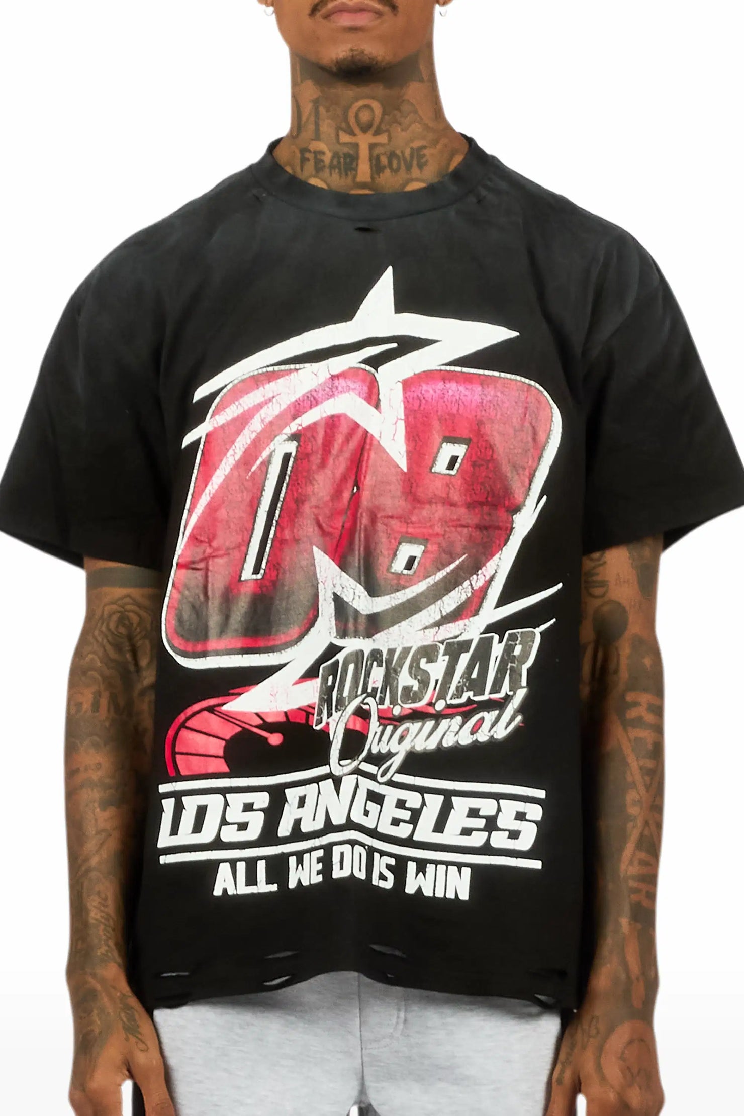 Kastell Black Oversized Distressed Graphic T-Shirt