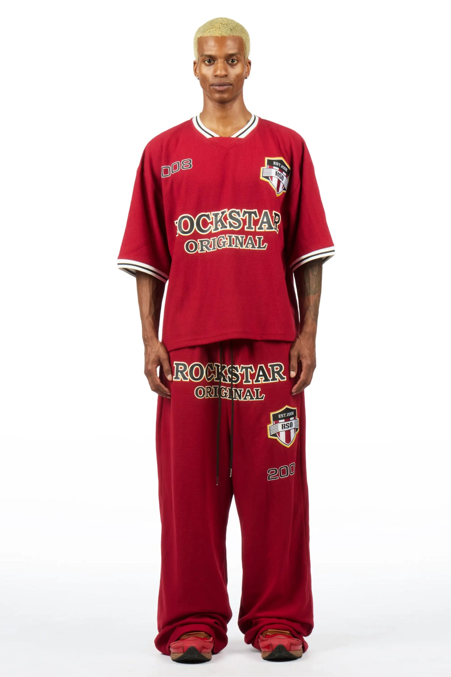 Ezel Red Crop Boxy Tee/Barrel Fit Track Set