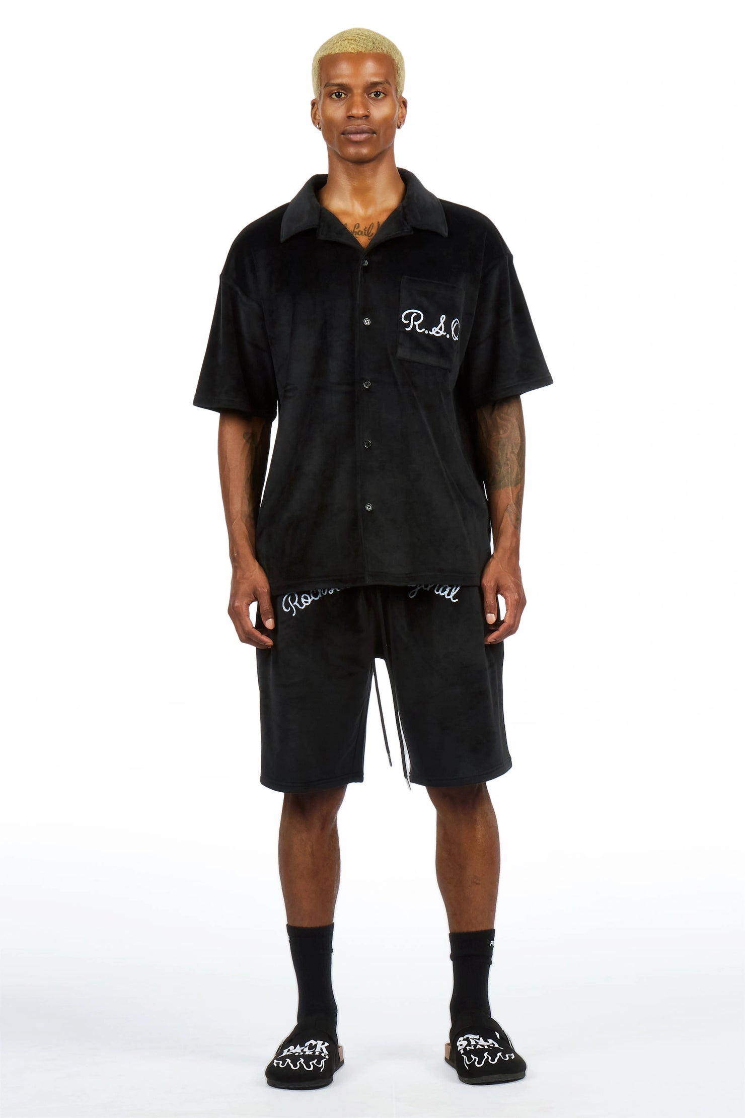 Crusoe Black Button Down Shirt/Short Set
