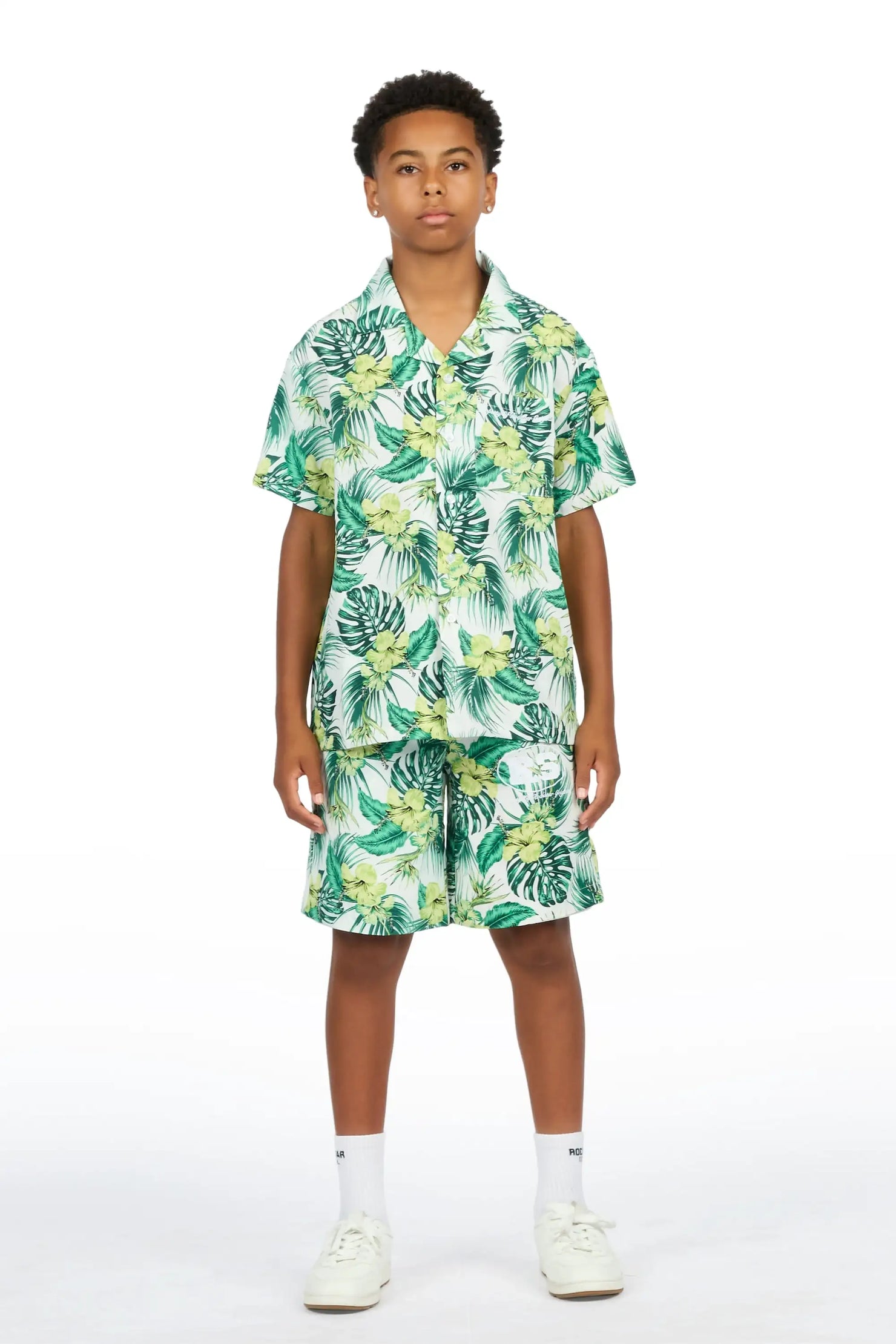 Boys Puka Cream/Green Button Down Shirt/Short Set