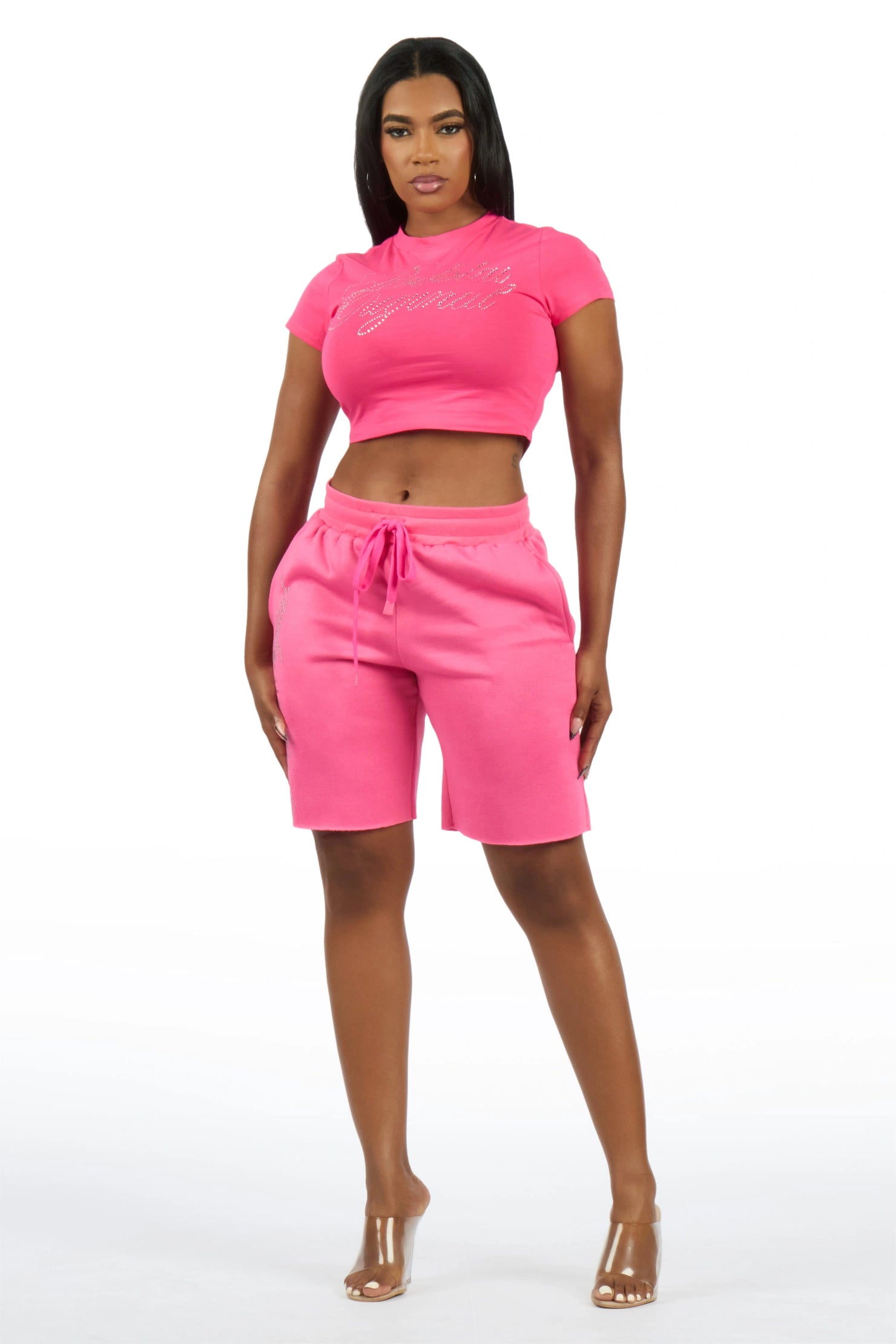 Taiesha Hot Pink Rhinestone T-Shirt Short Set