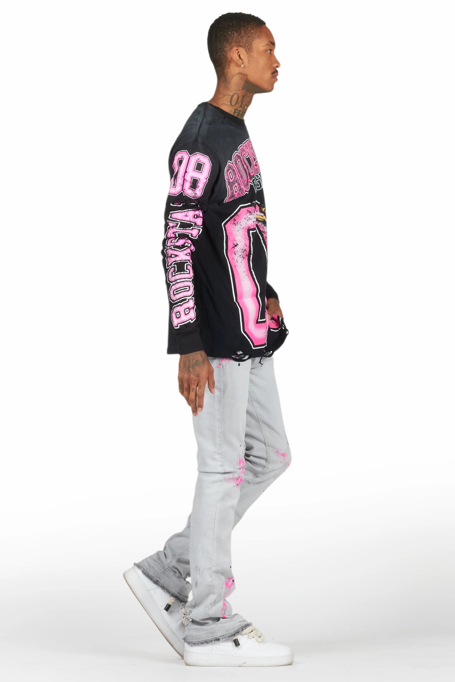 Fields Black Double Layer T-Shirt/Stacked Flare Jean Set