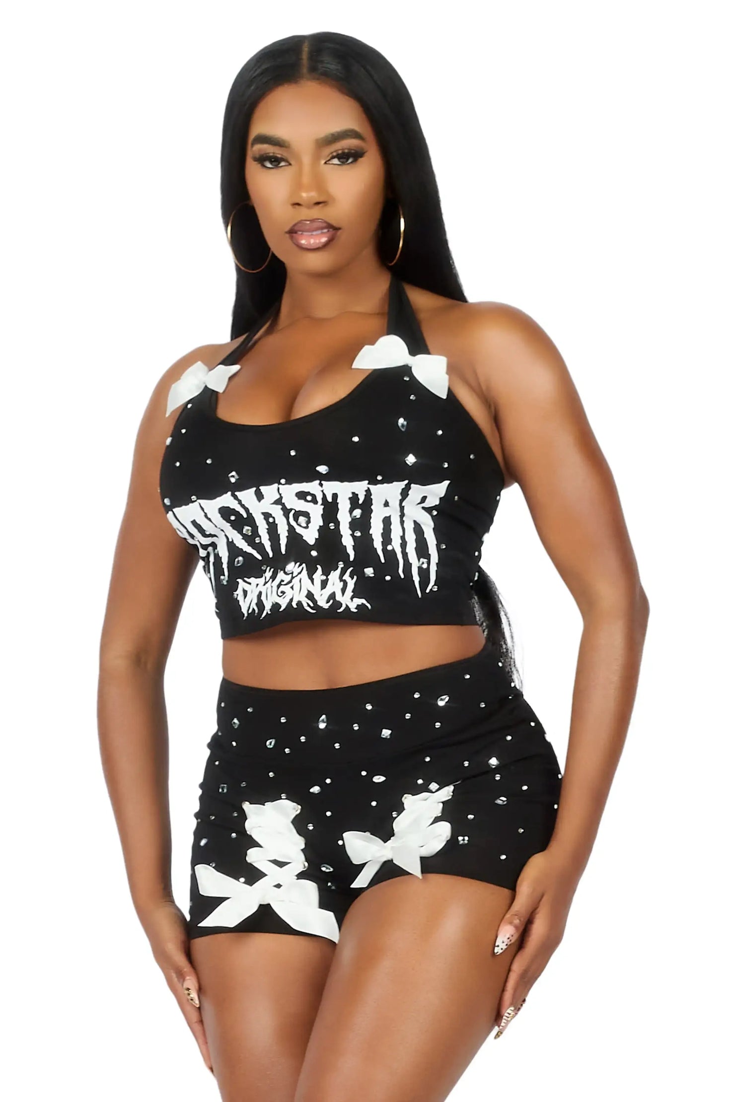 Donita Black Rhinestone Halter Tank Short Set