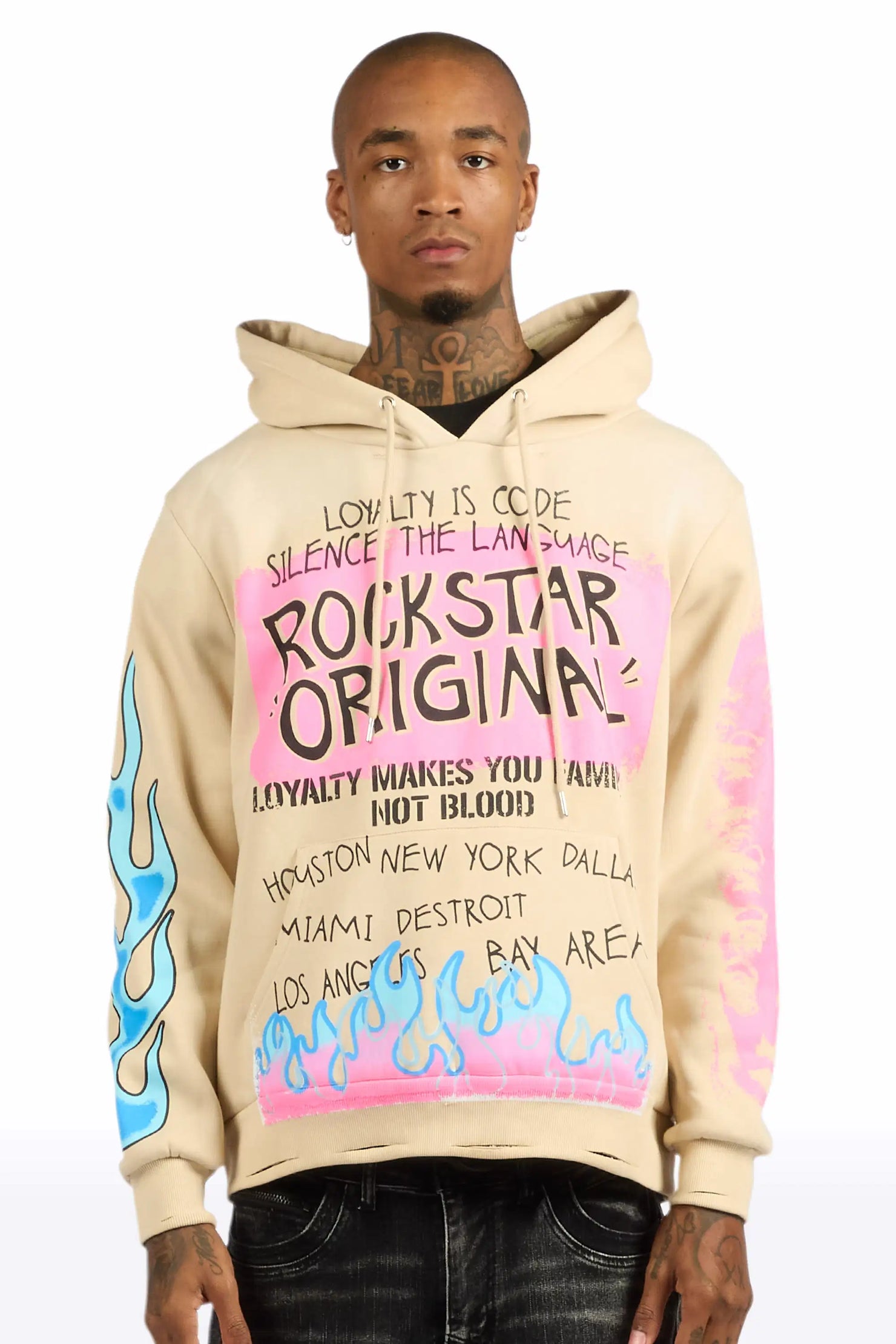 Beno Beige Distressed Graphic Relaxed Hoodie