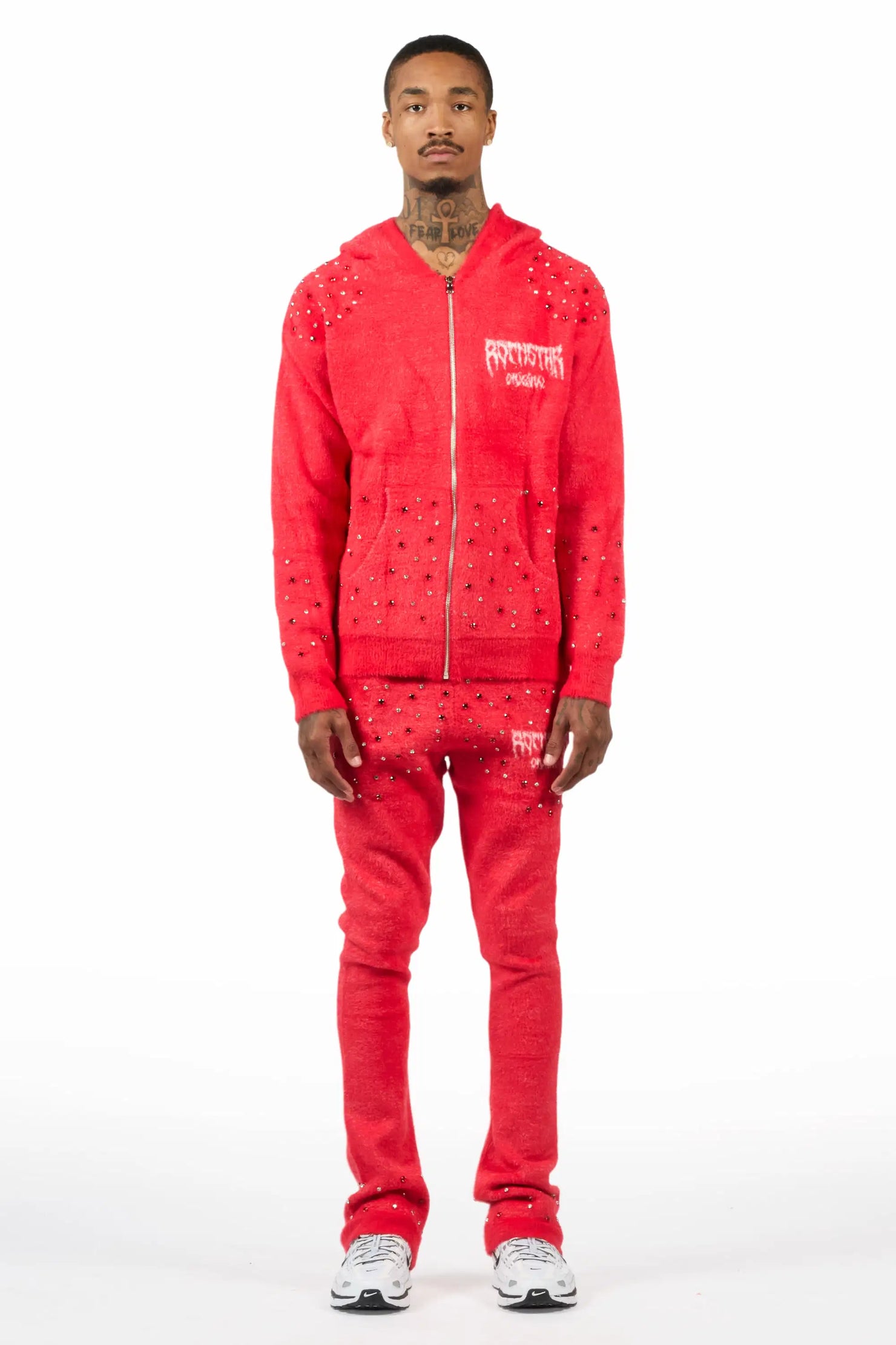 Lapiz Red Rhinestone Mohair Knit Stacked Flare Track Set