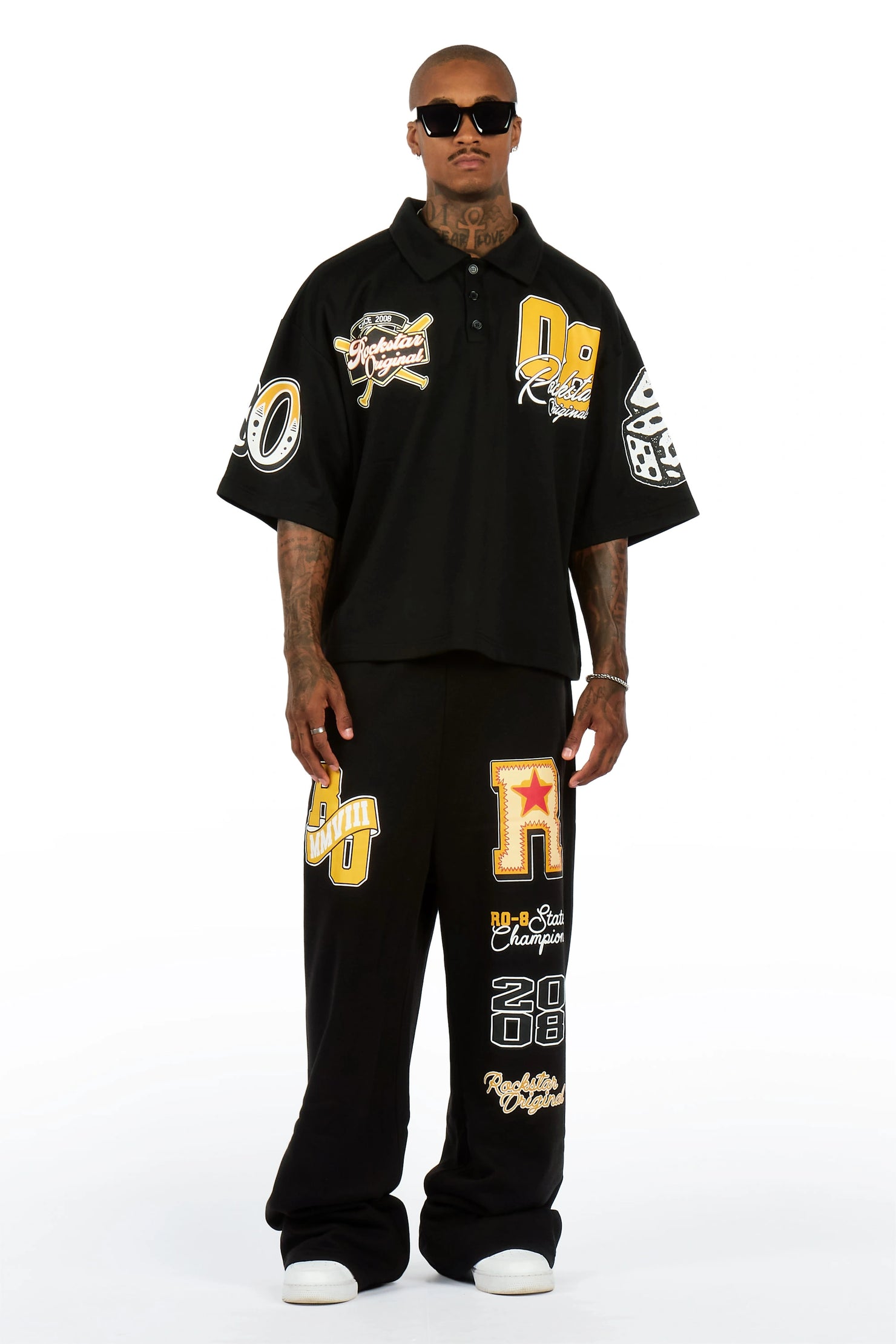 Forbidden Black Crop Boxy Polo/Fleece Baggy Track Set