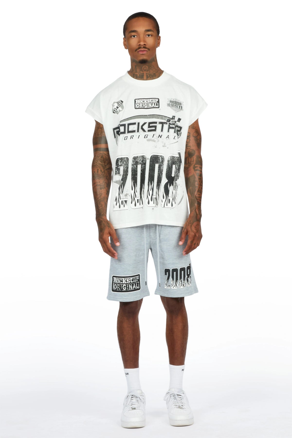 Amos White/Grey Graphic  Cut Sleeve T-Shirt Short Set