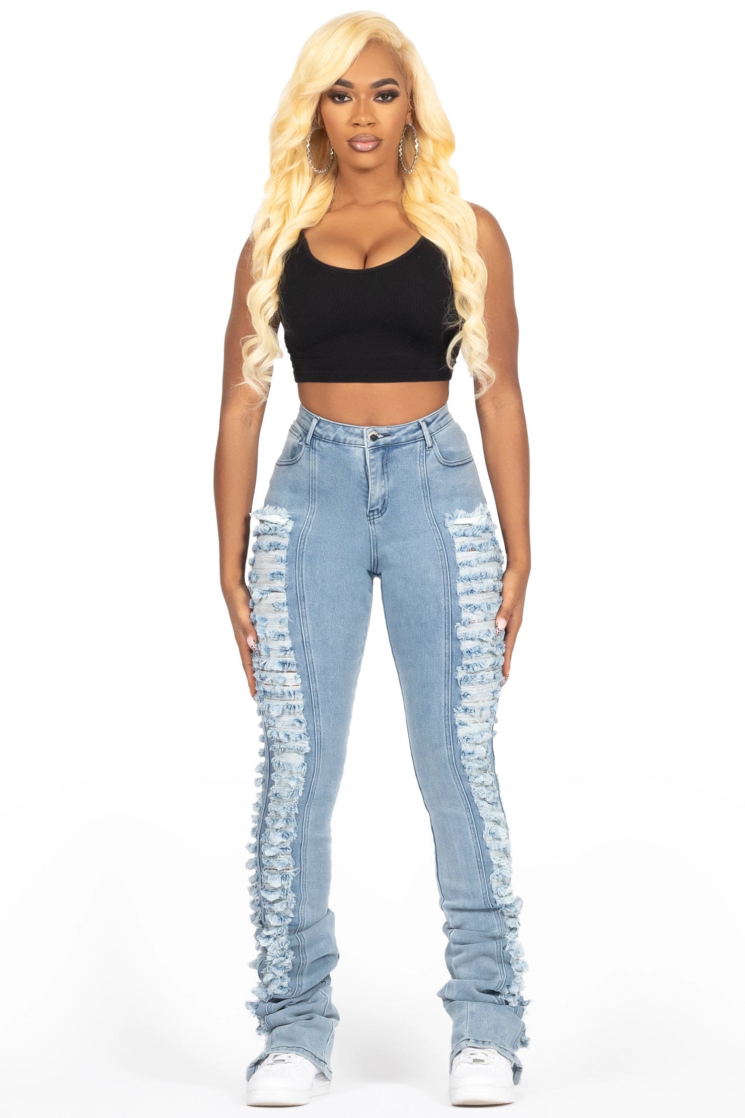 Erielle Light Wash Mega Distressed Super Stacked Jean