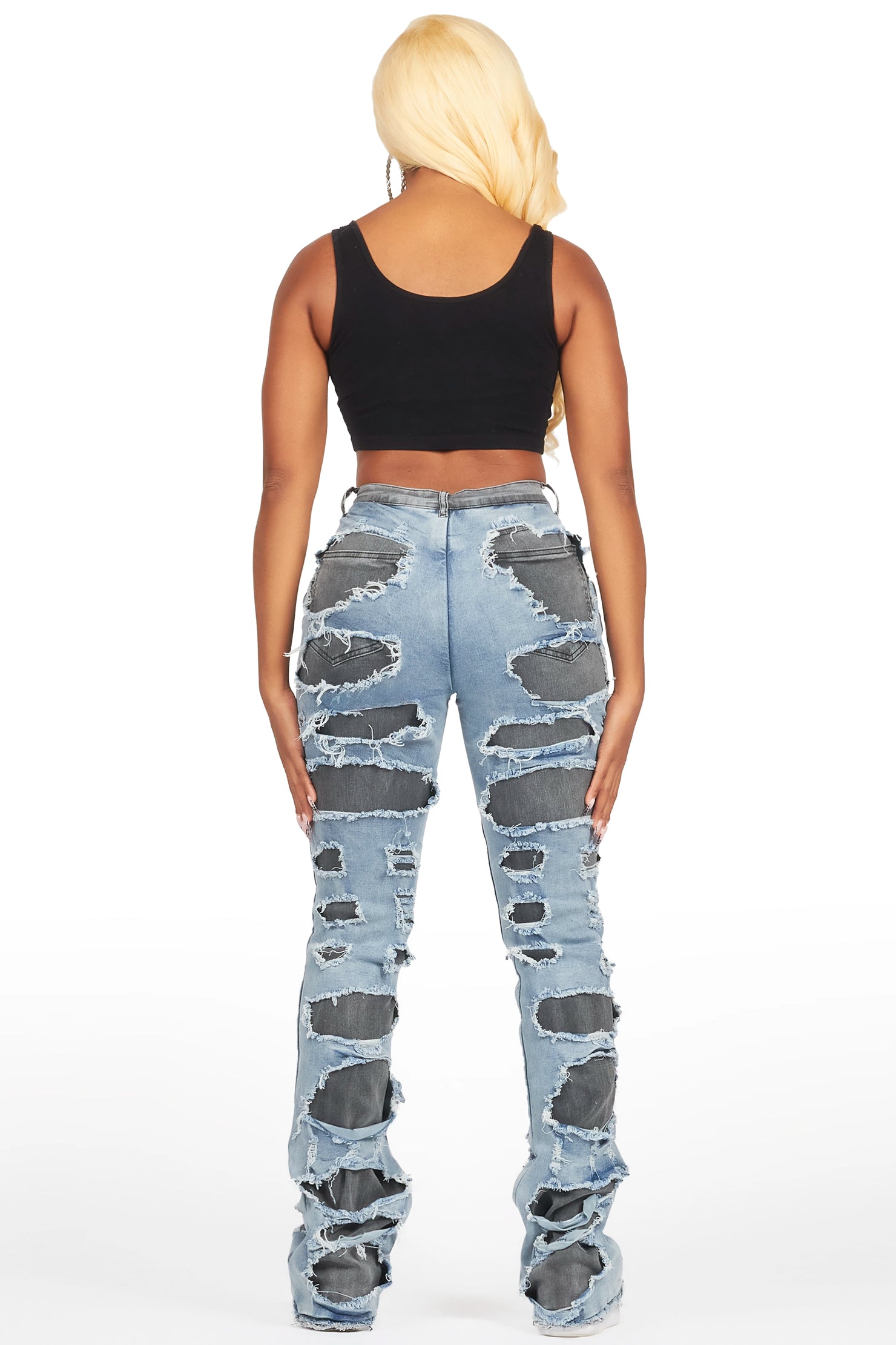 Jaidynn Blue/Black Distressed Stacked Flare Jean
