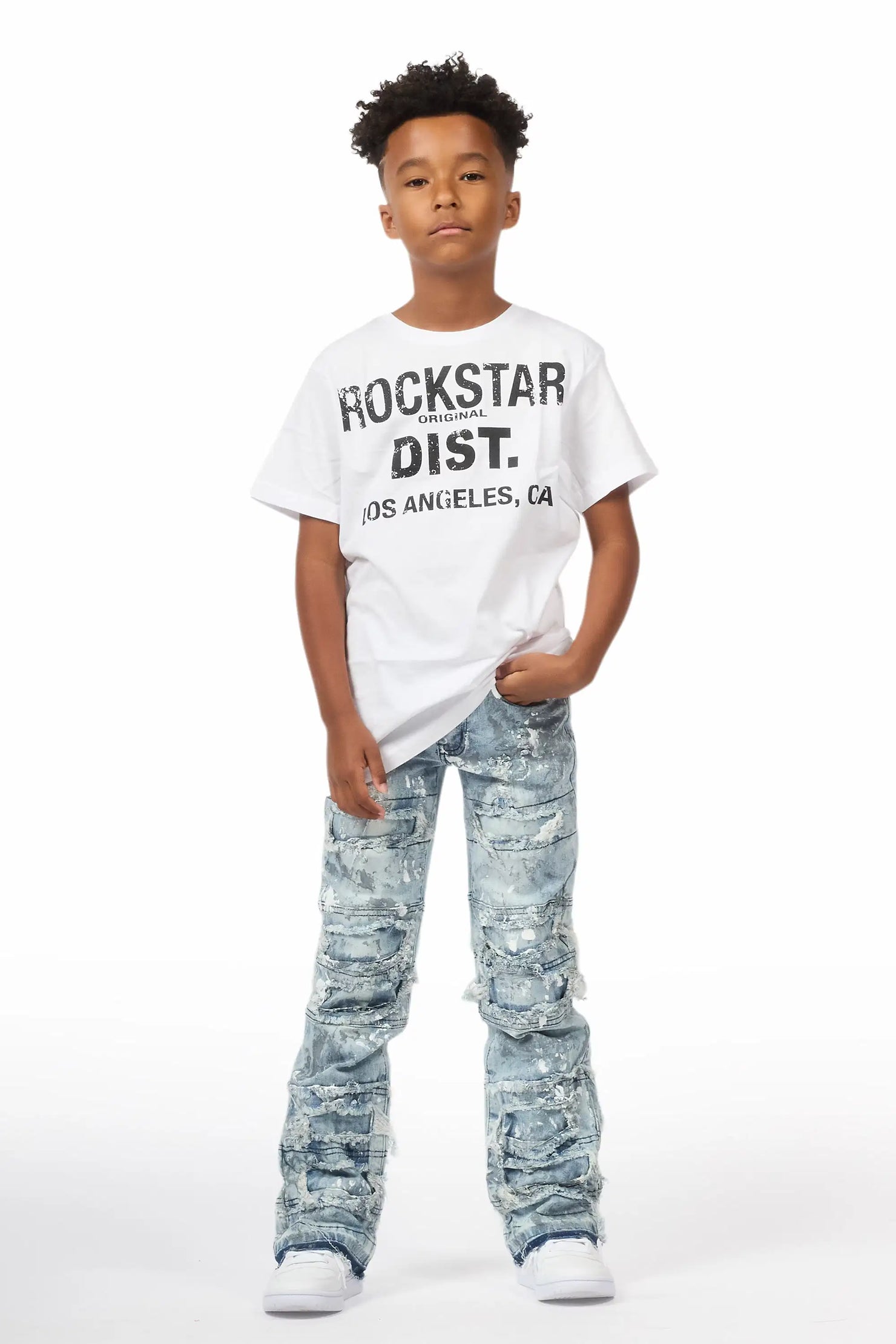 Boys Meille Blue/White Stacked Painter Flare Jean