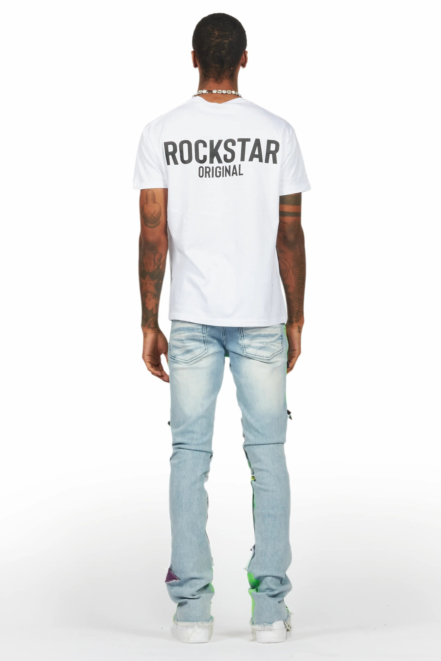 Savier Blue/Green Roller Paint Stacked Flare Jean