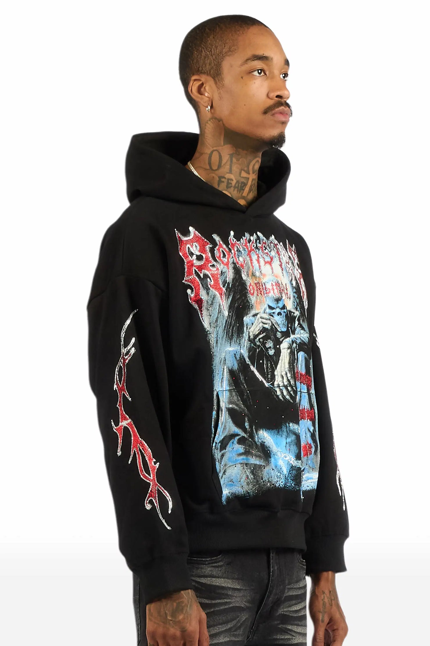 Krowne Black Rhinestone Oversized Hoodie