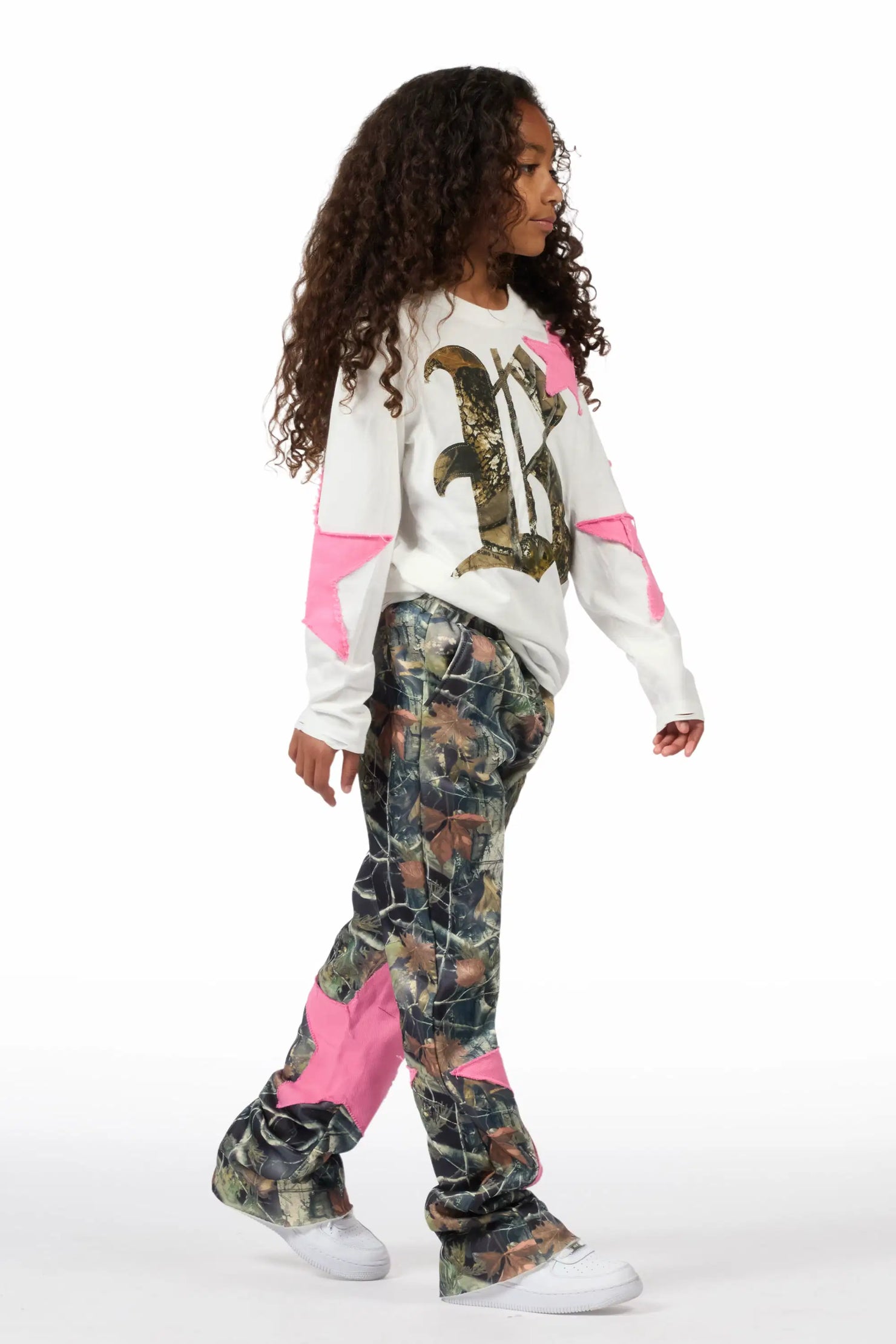 Girls Delgera White/Camo Long Sleeve T-Shirt Track Set