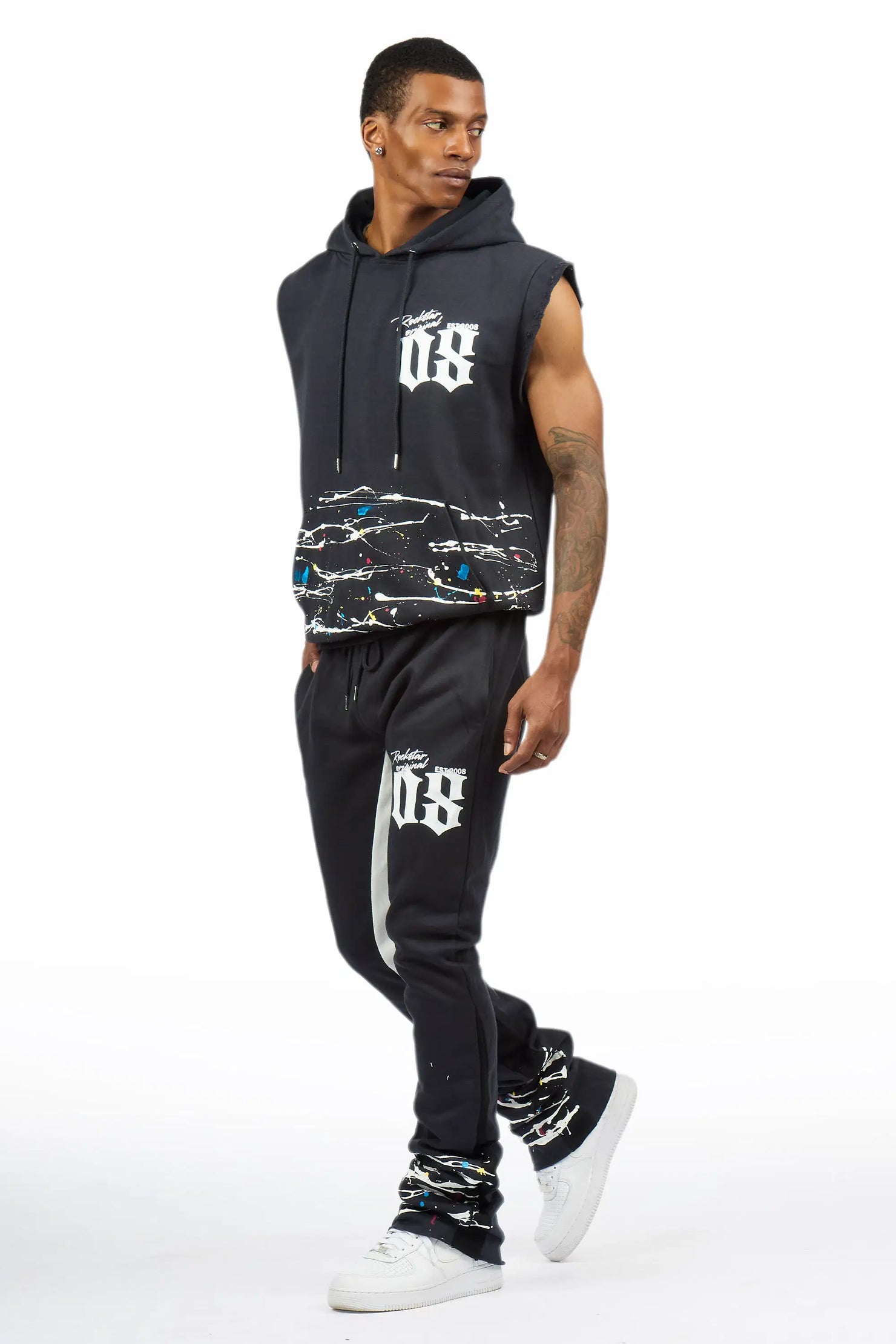 Horia Charcoal/Multi Cut Sleeve Hoodie/Stacked Pant Track Set
