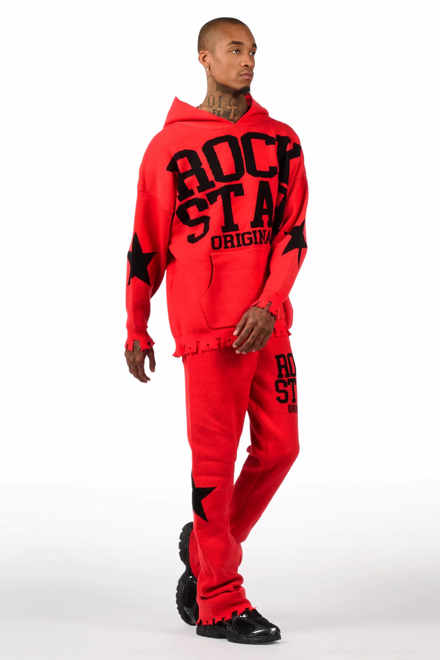 Outlaw Red Hoodie Stacked Flare Knitted Set