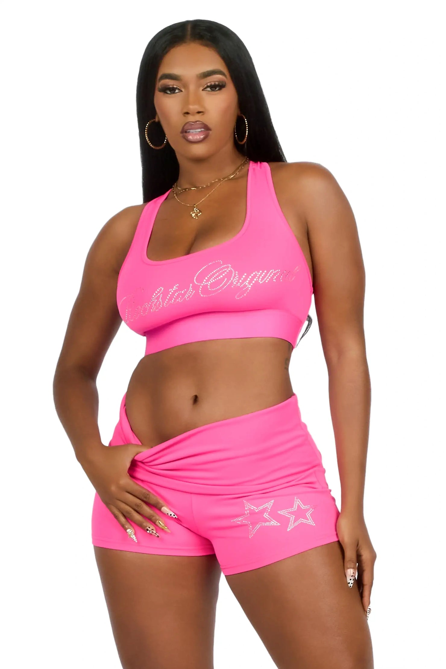Arieona Hot Pink Rhinestone Sports Bra Foldover Short Set