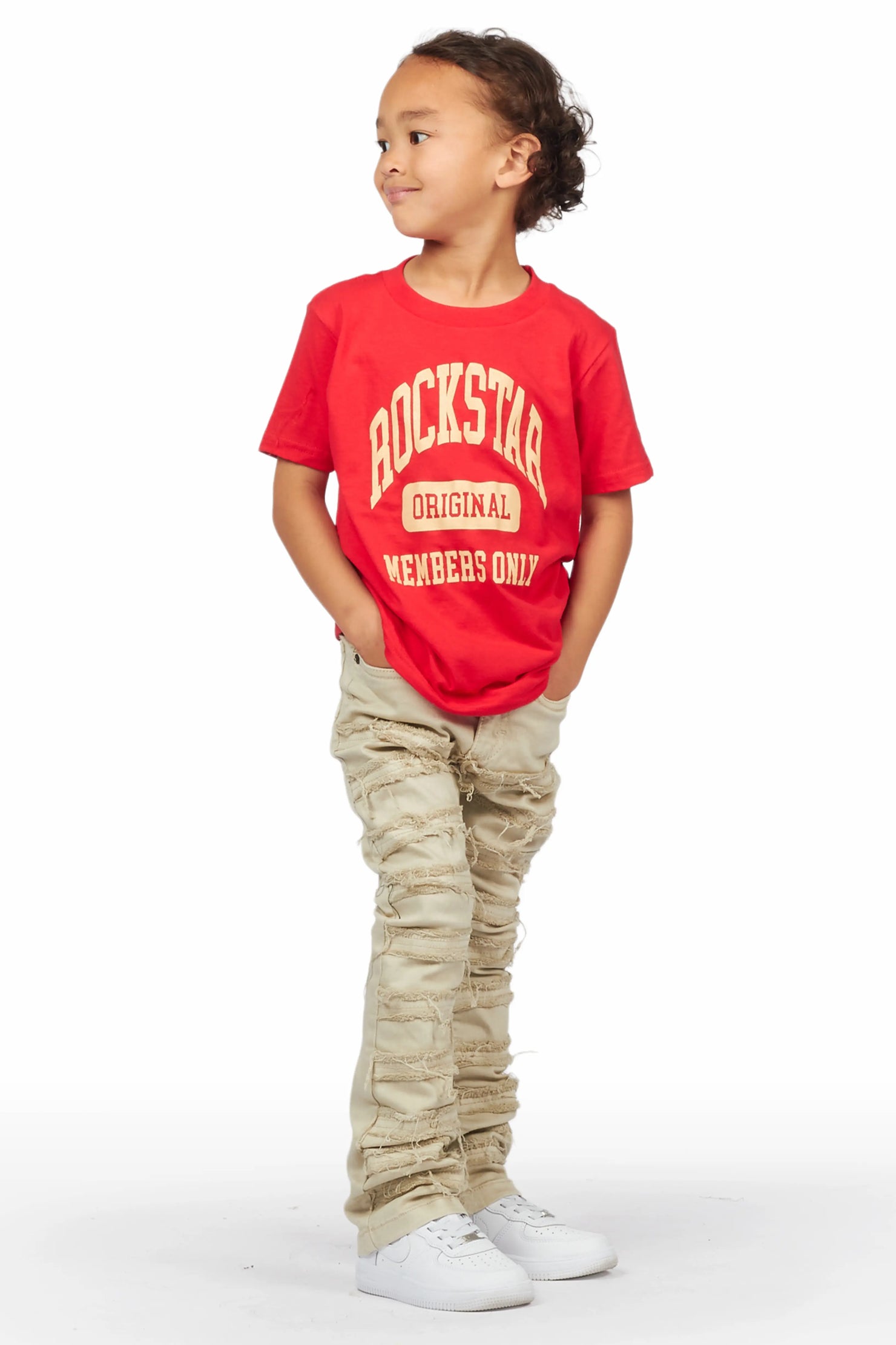 Boys Raam Red T-Shirt/Frayed Skinny Stacked Flare Jean Set