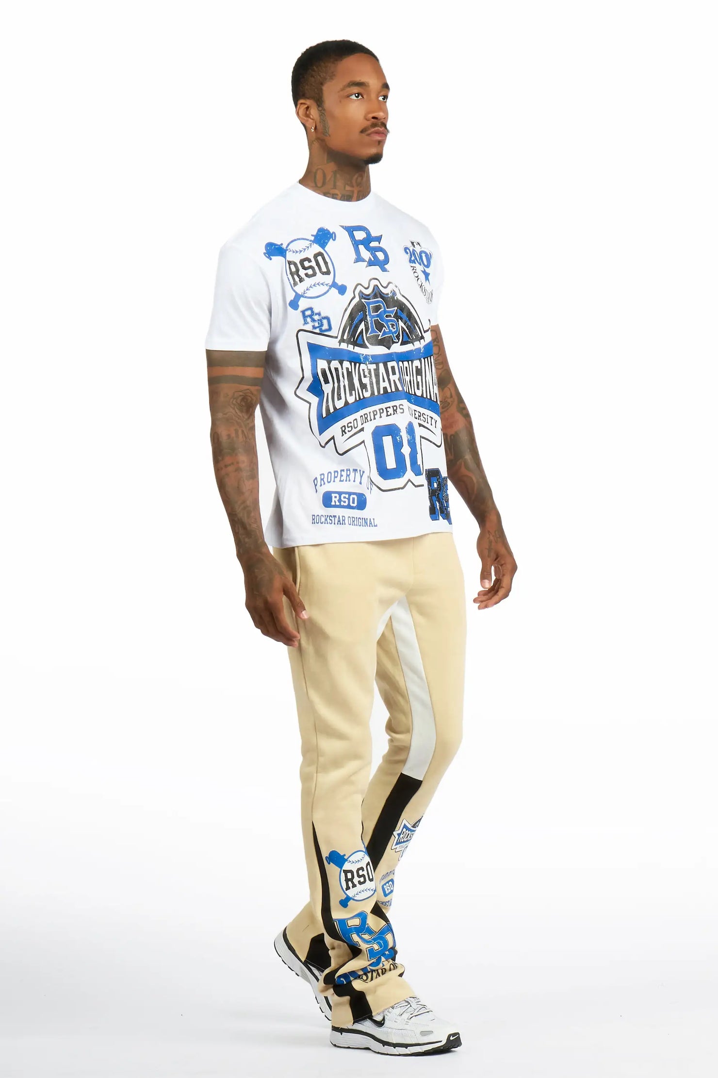 Mavrix White/Beige T-shirt/Stacked Flare Track Pant Set