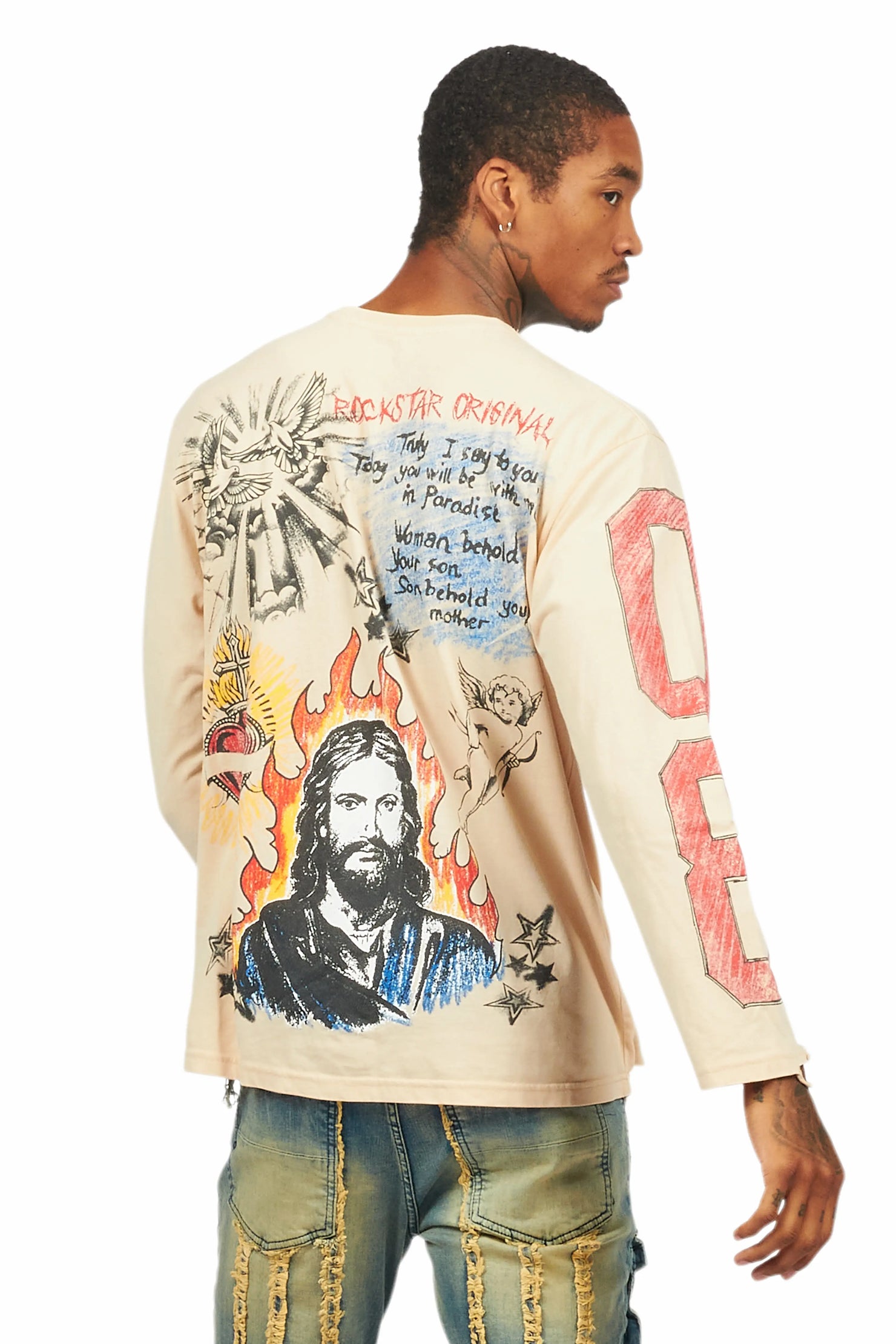 Jesus Crayon Vintage Sand Long Sleeve Graphic T-Shirt