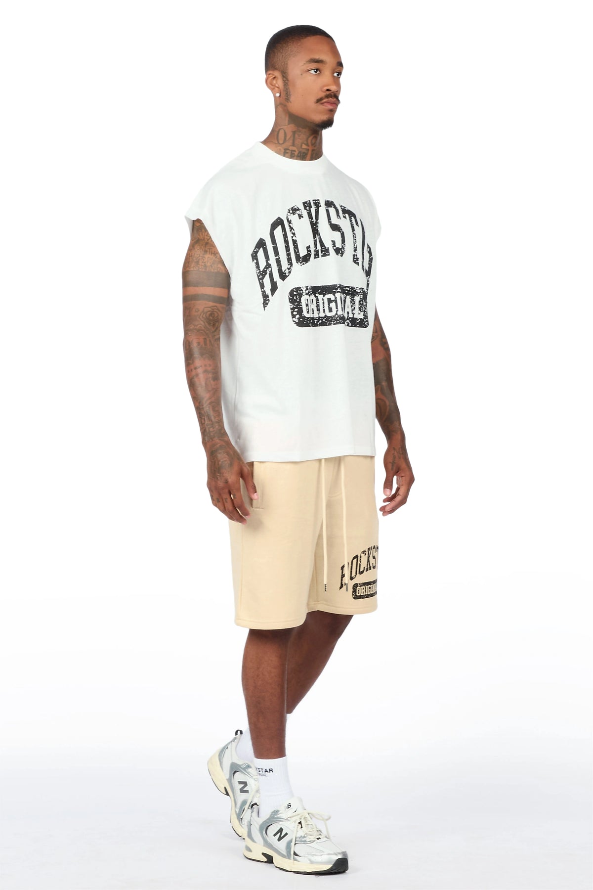 Zig White/Beige Cut Sleeve T-Shirt/Short Set