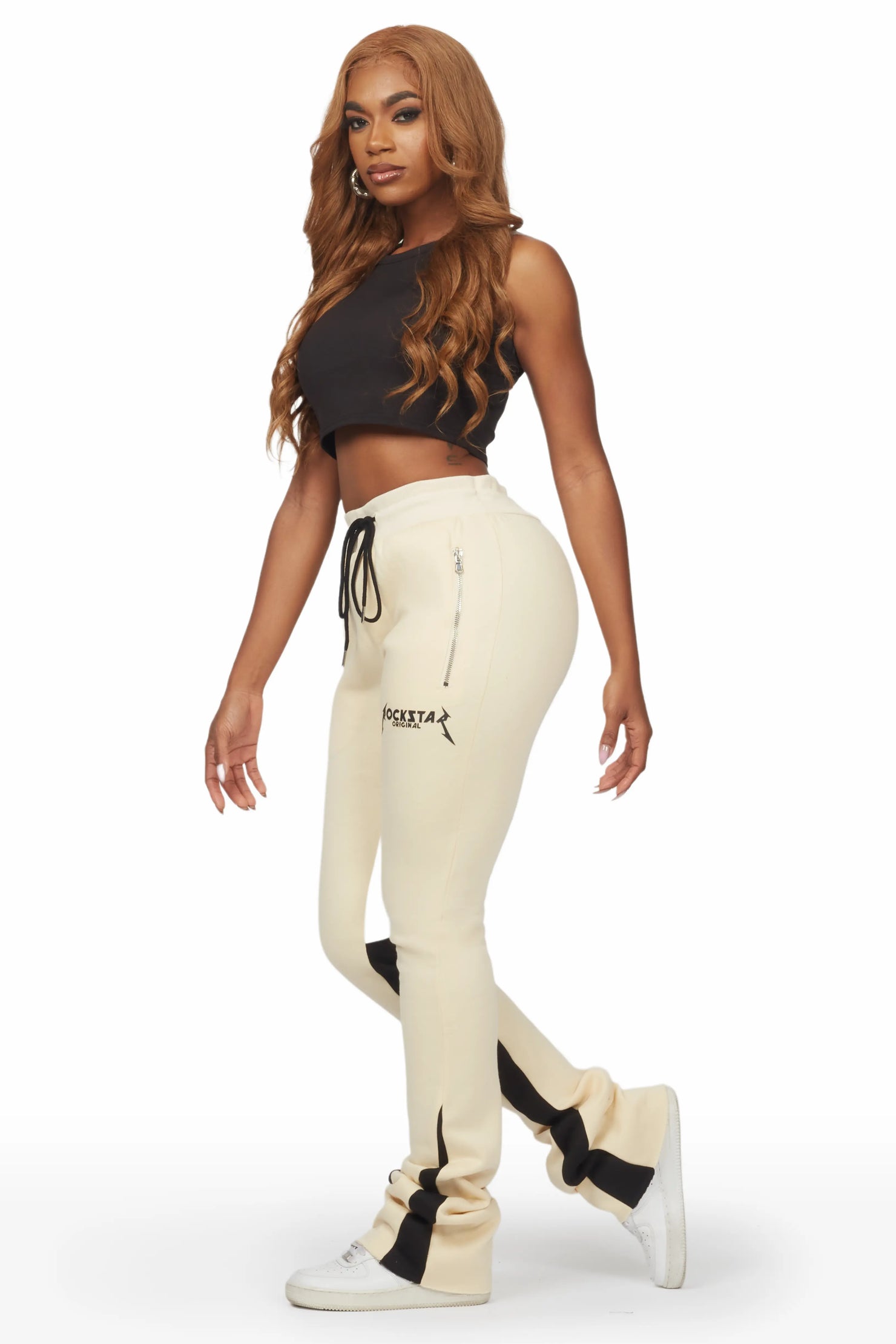 Emery Beige Stacked Flare Track Pant