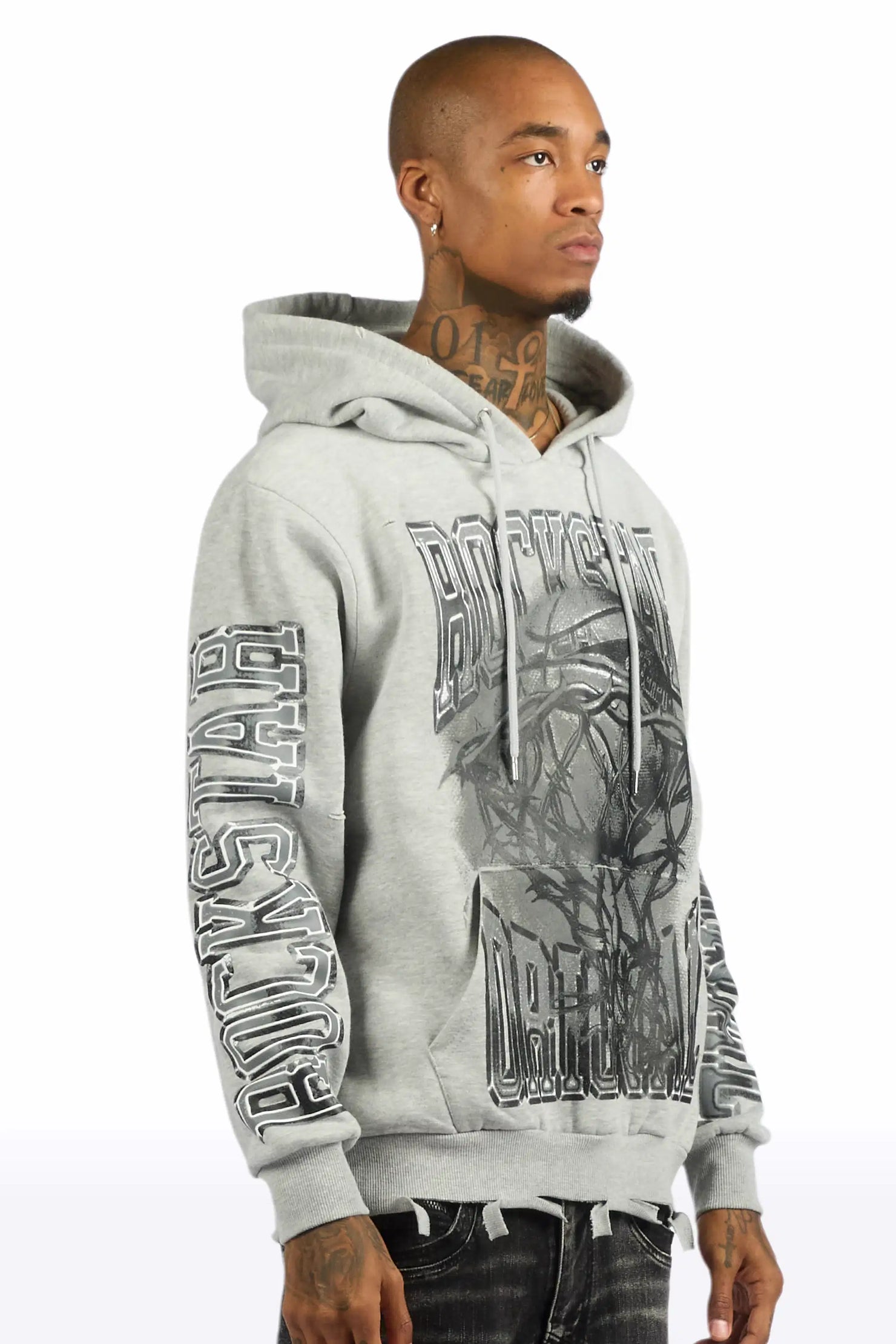 Rleague Grey Distressed Graphic Relaxed Hoodie