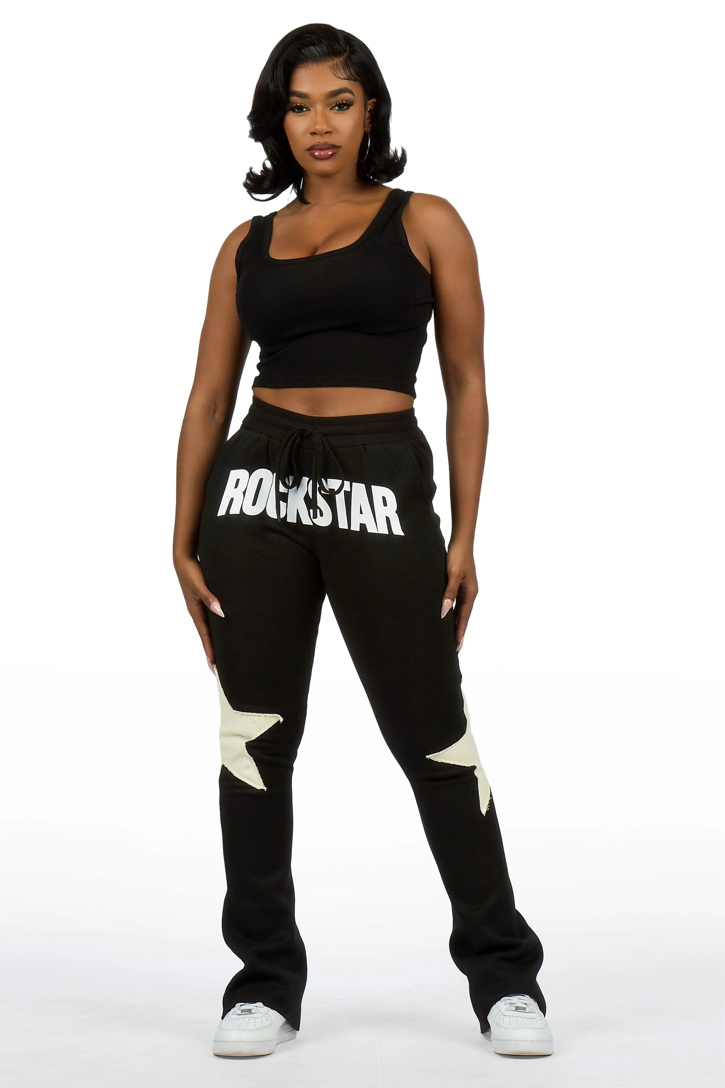 Shanelle Black Patched Stacked Track Pant