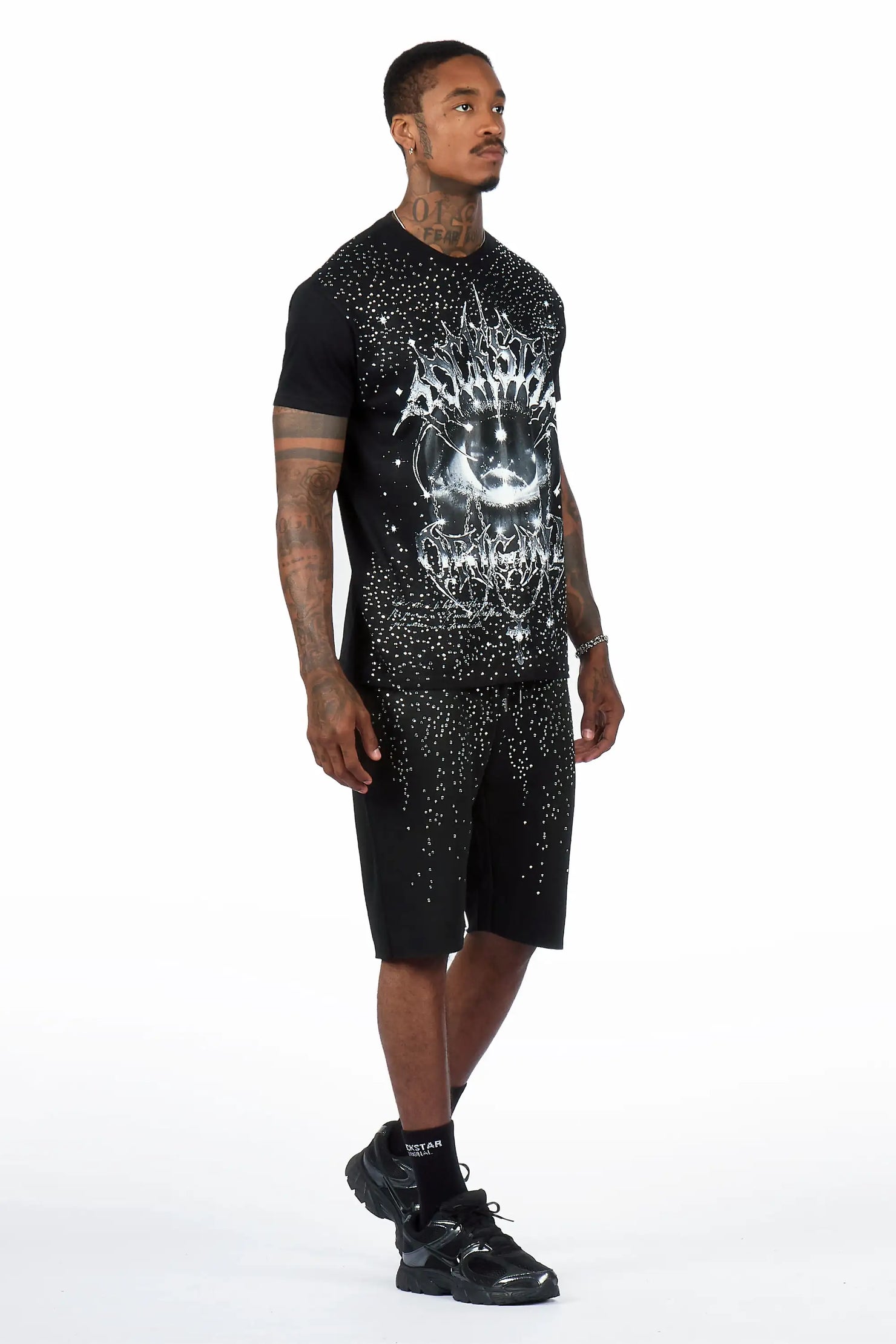 Malykz Black/Black Rhinestone T-Shirt/Short Set