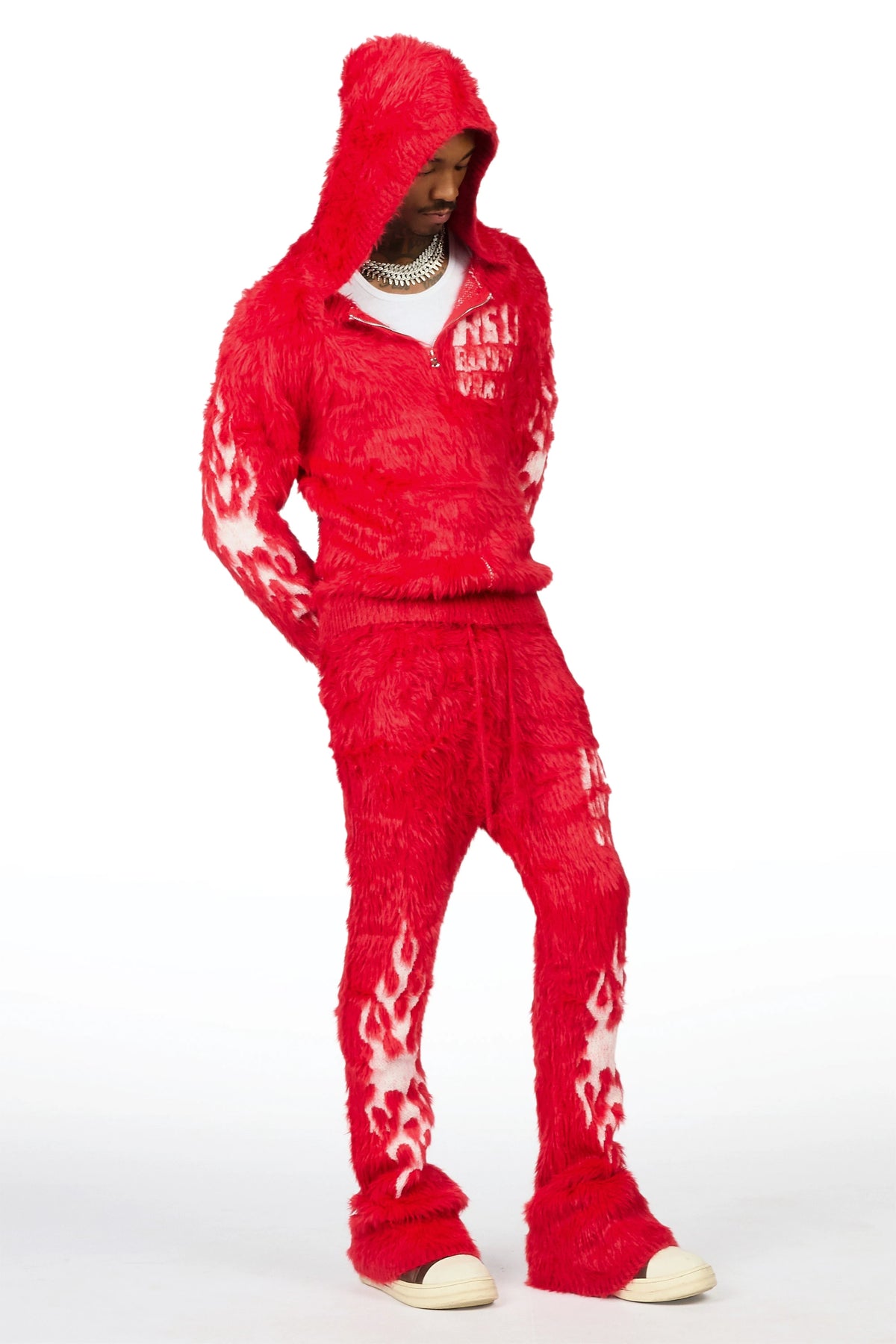 Toshio Red Stacked Flare Knitted Mohair Track Set