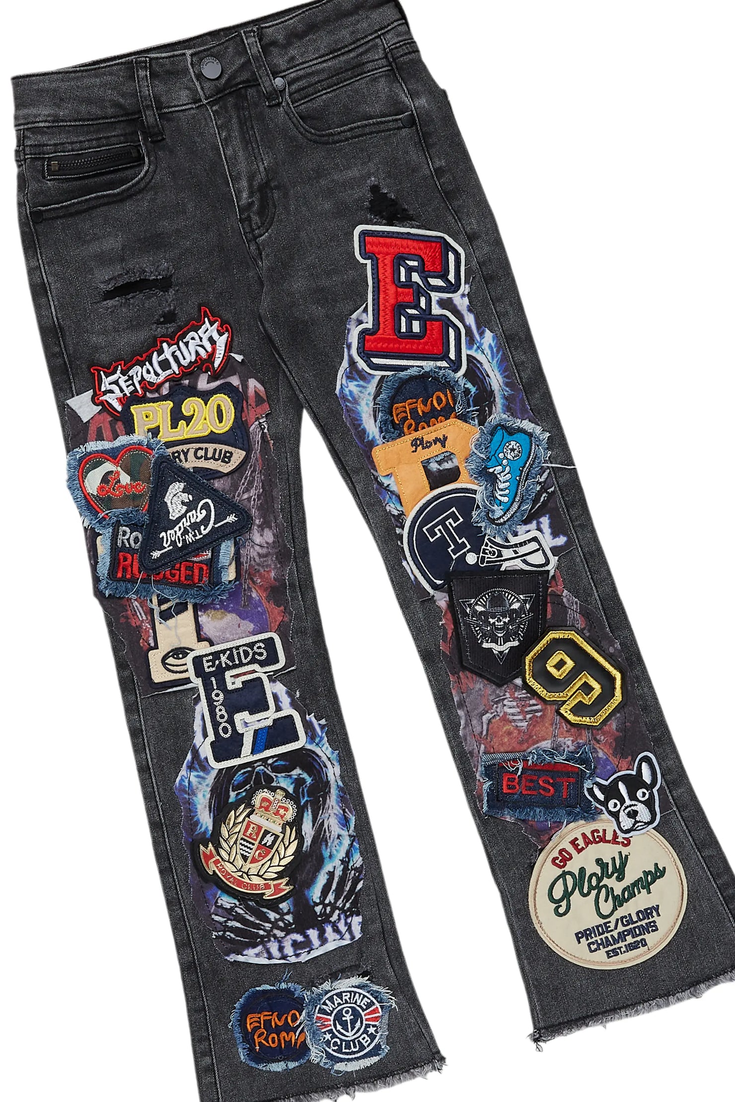 Girls Kaite Black T-Shirt/Stacked Flare Jean Set