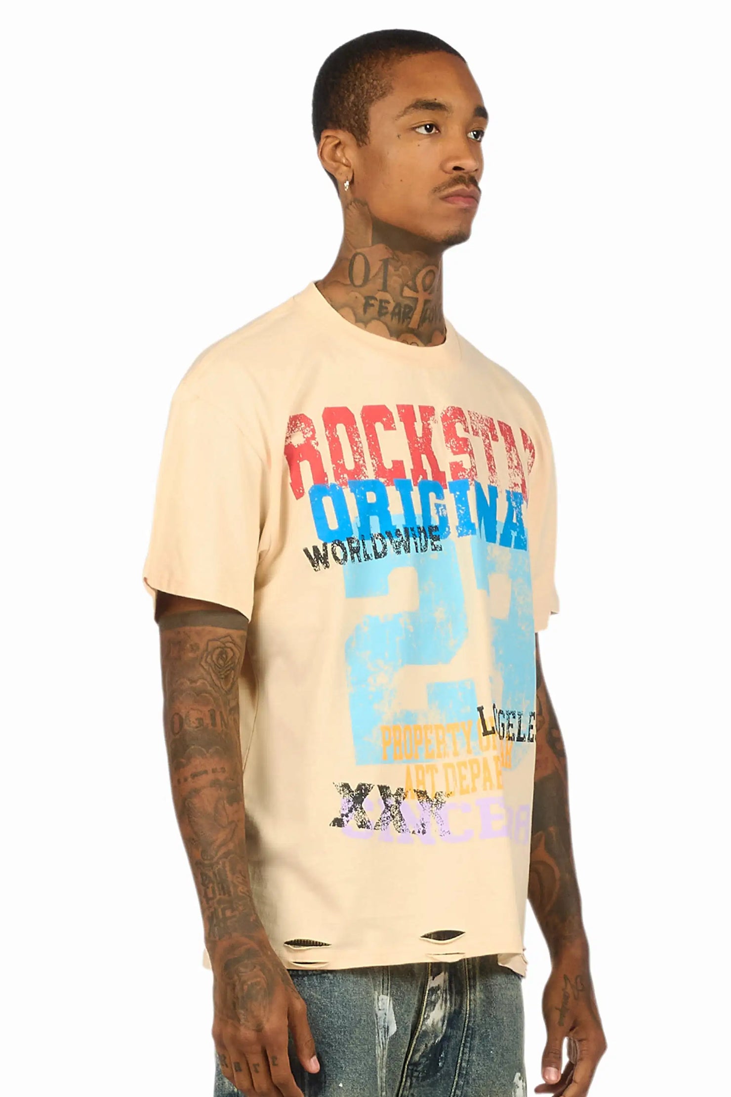 Kyvaris Beige Oversized Graphic T-Shirt