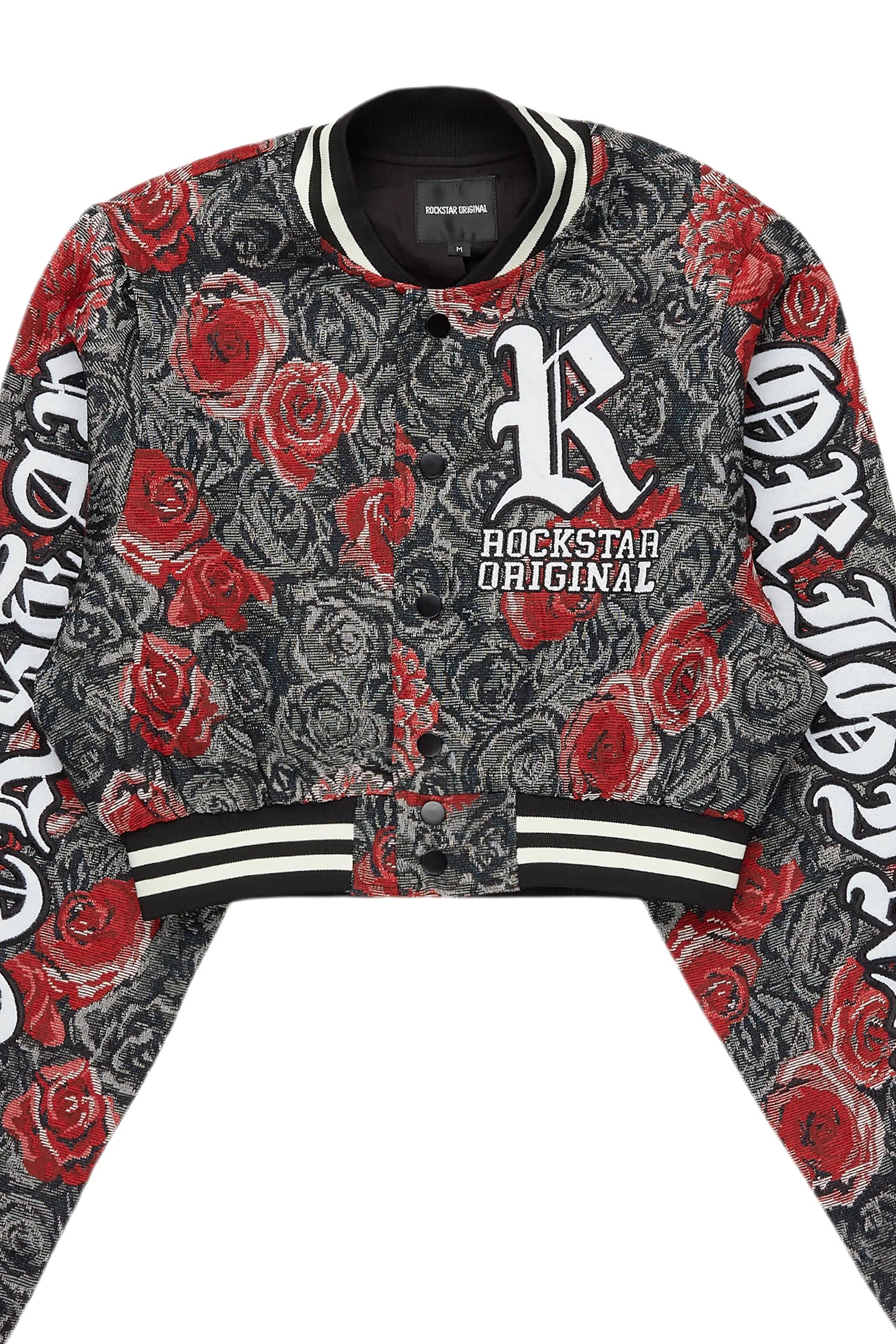 Darresha Black/Red Crop Tapestry Varsity Jacket