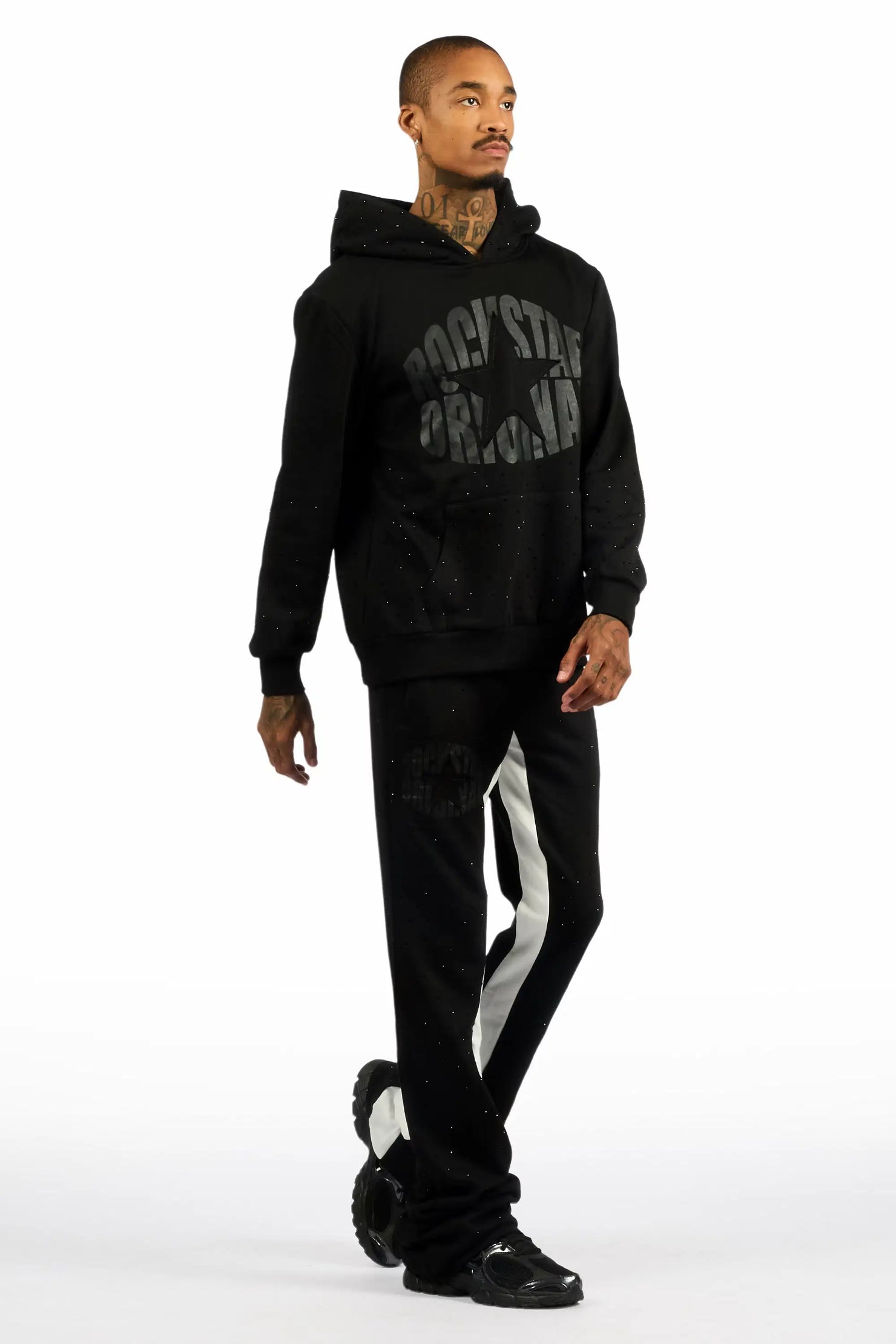 States Black Rhinestone Hoodie Stacked Flare Track Set