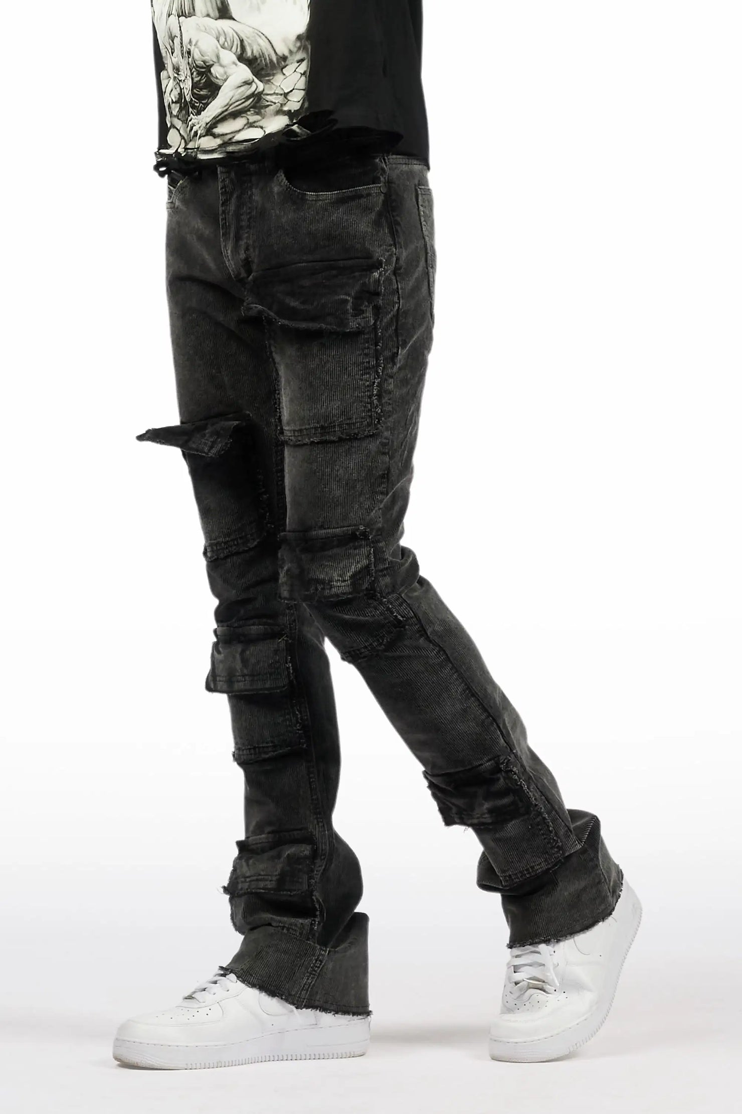 Petrus Grey Stacked Flare Corduroy Pant