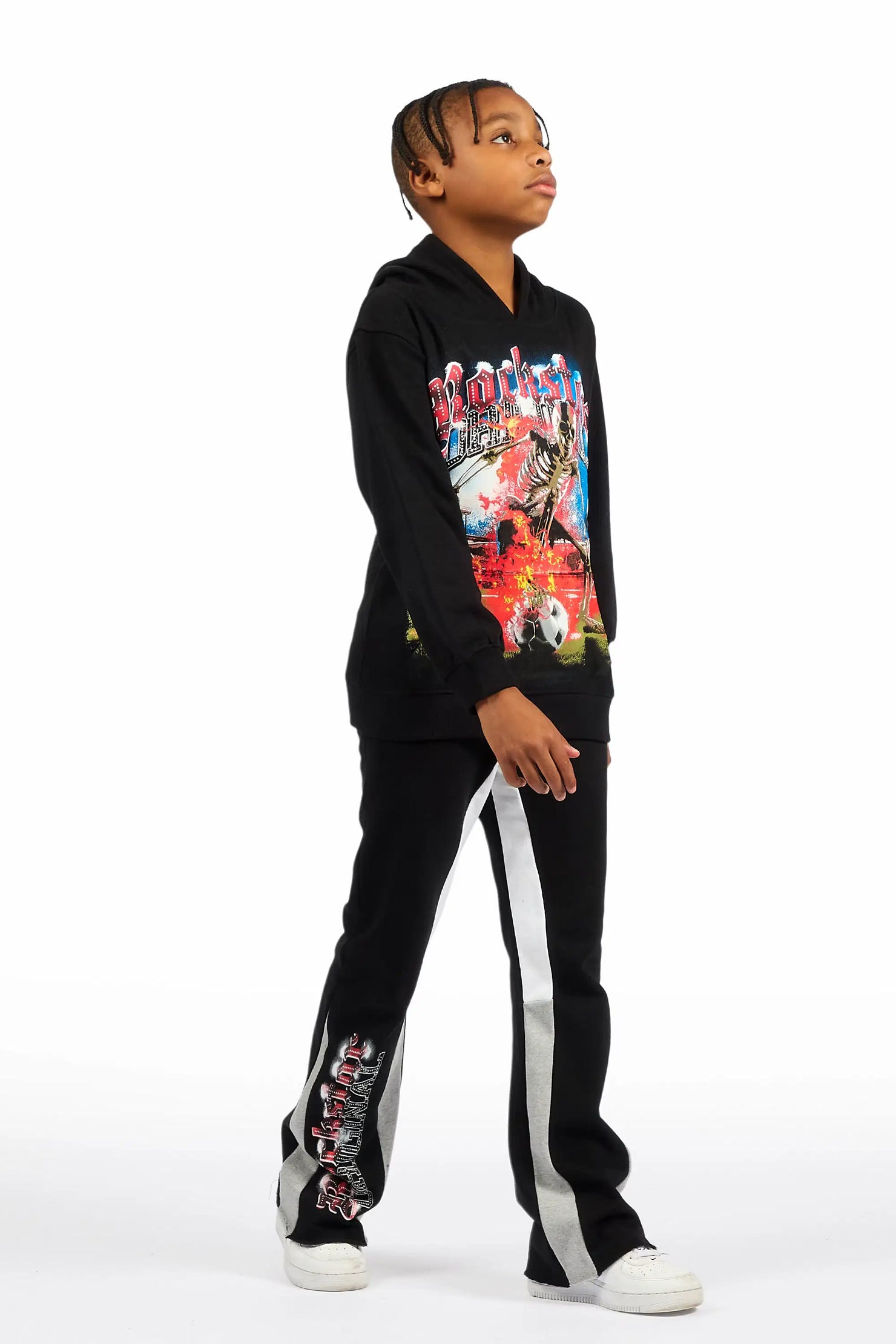 Boys Rodgers Black Hoodie Stacked Flare Track Set