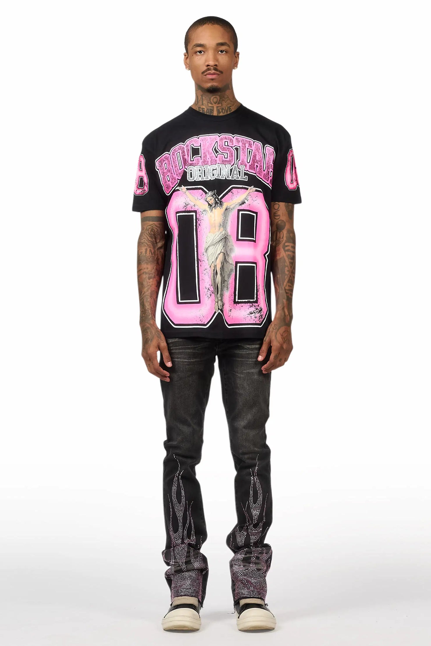 Samba Dark Grey/Pink Rhinestone Stacked Flare Jean