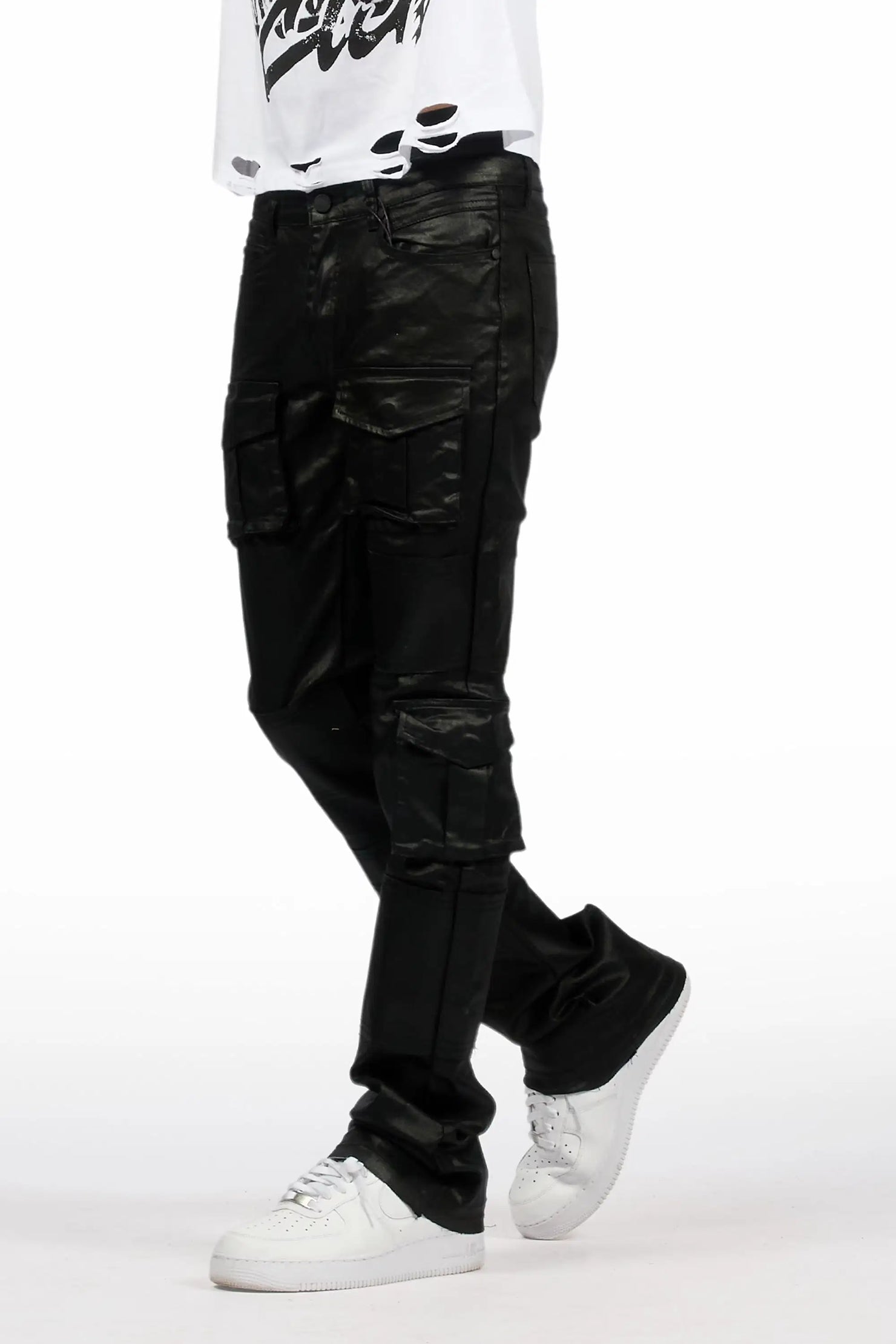 Folant Black Stacked Flare Coated Pant
