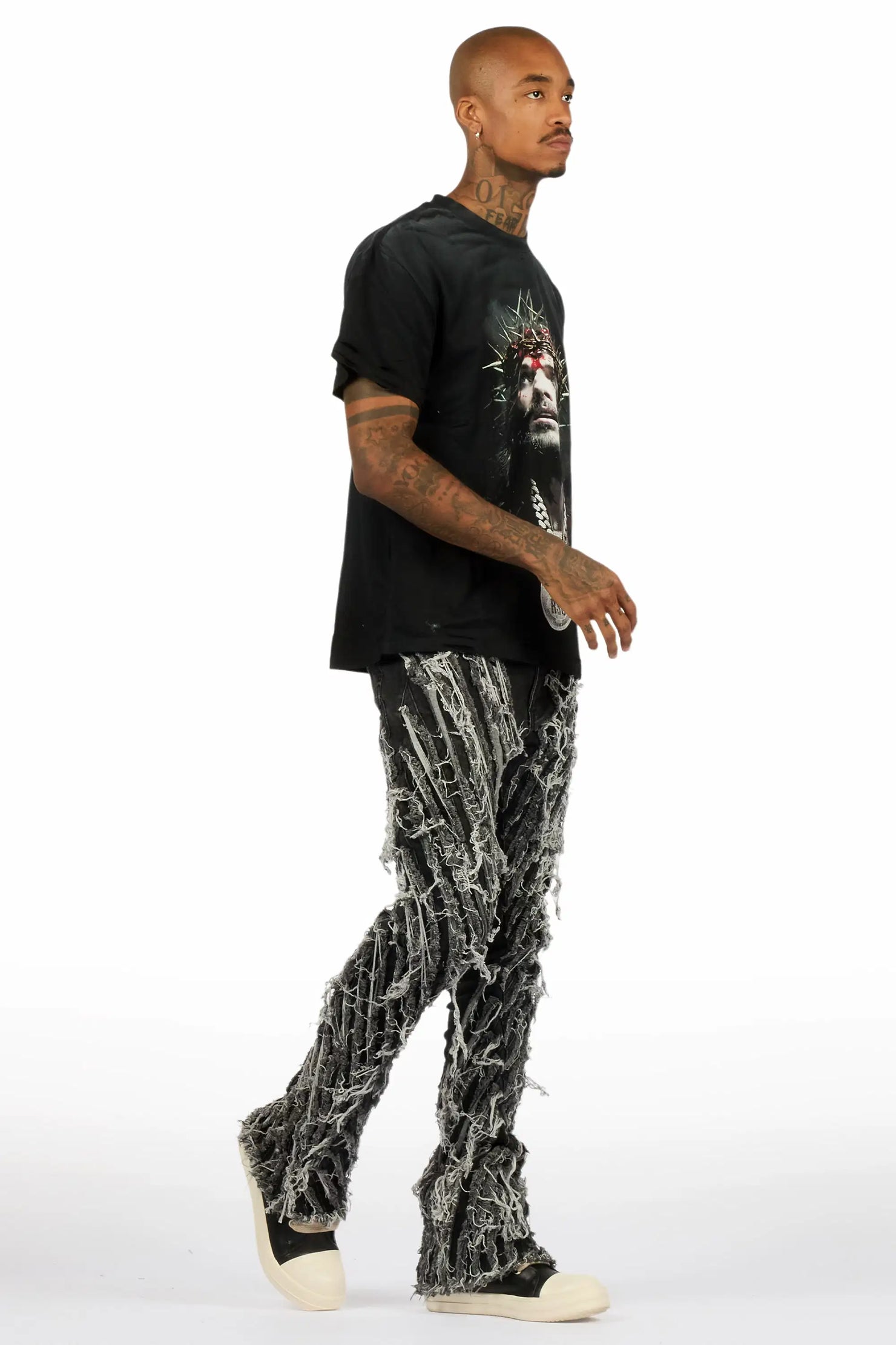 Amina Black Oversized T-Shirt/Stacked Flare Jean Bundle