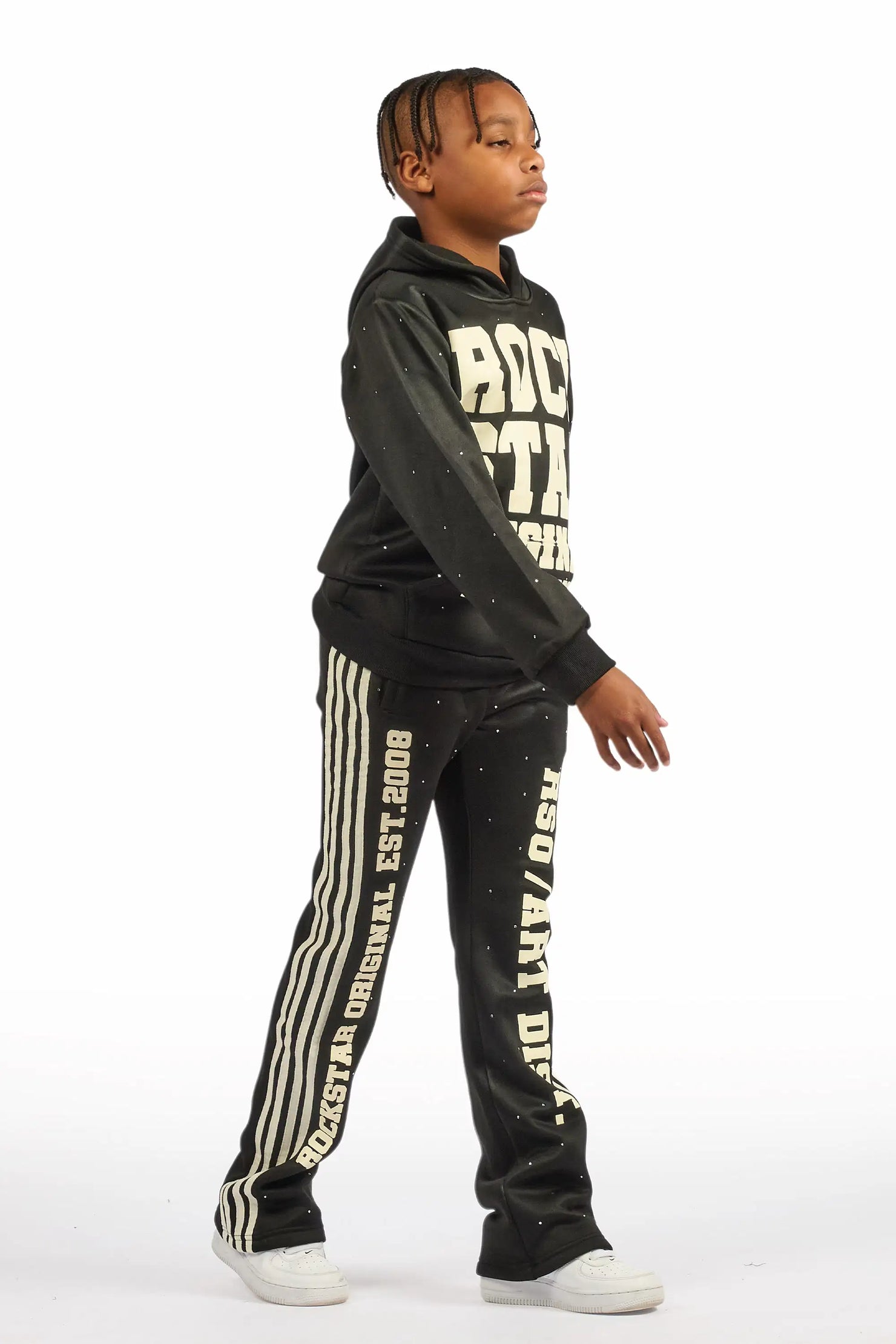 Boys Yulian Black Hoodie Stacked Track Pant Set