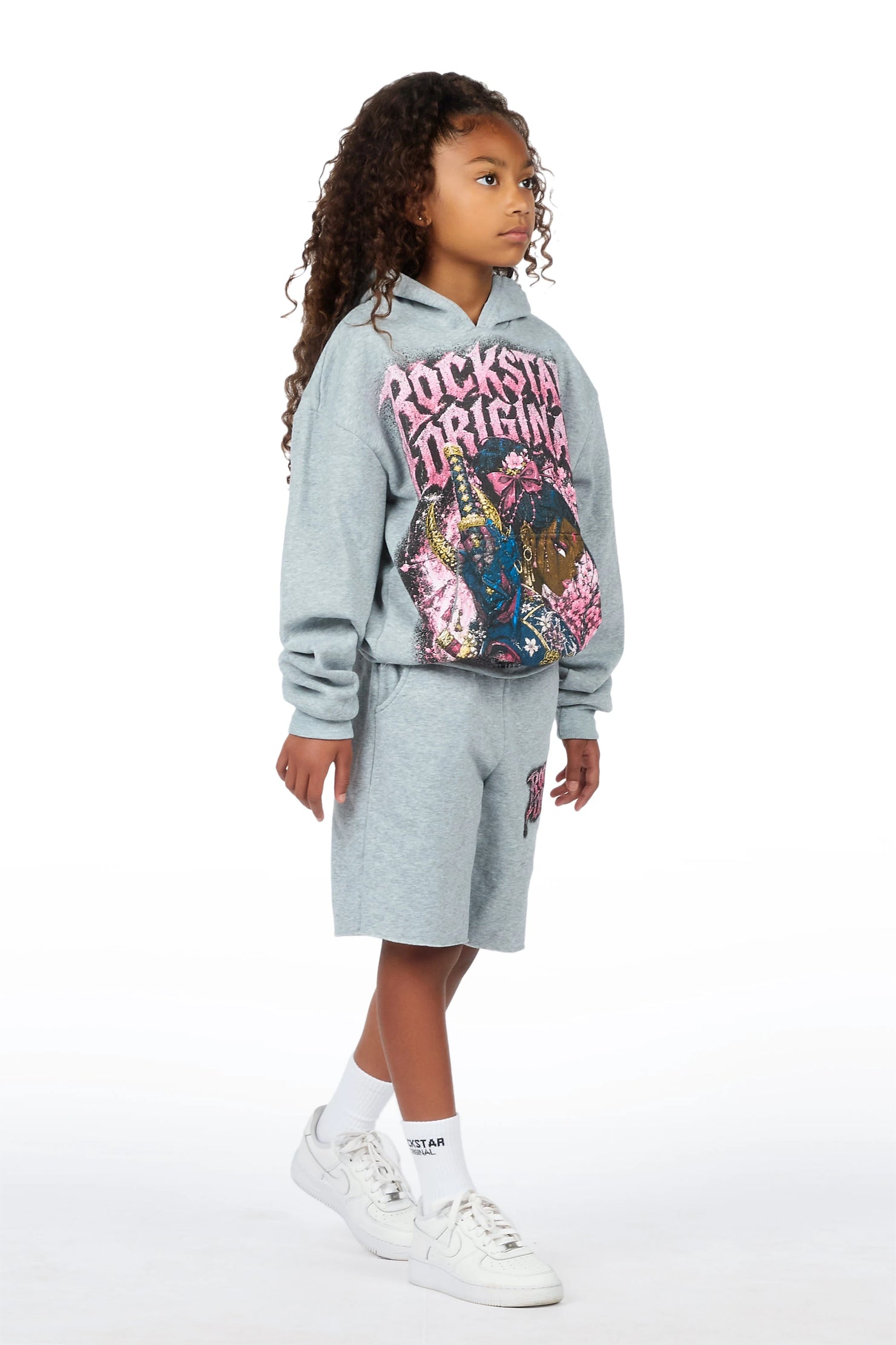 Girls Kavera Heather Grey Graphic Hoodie Short Set