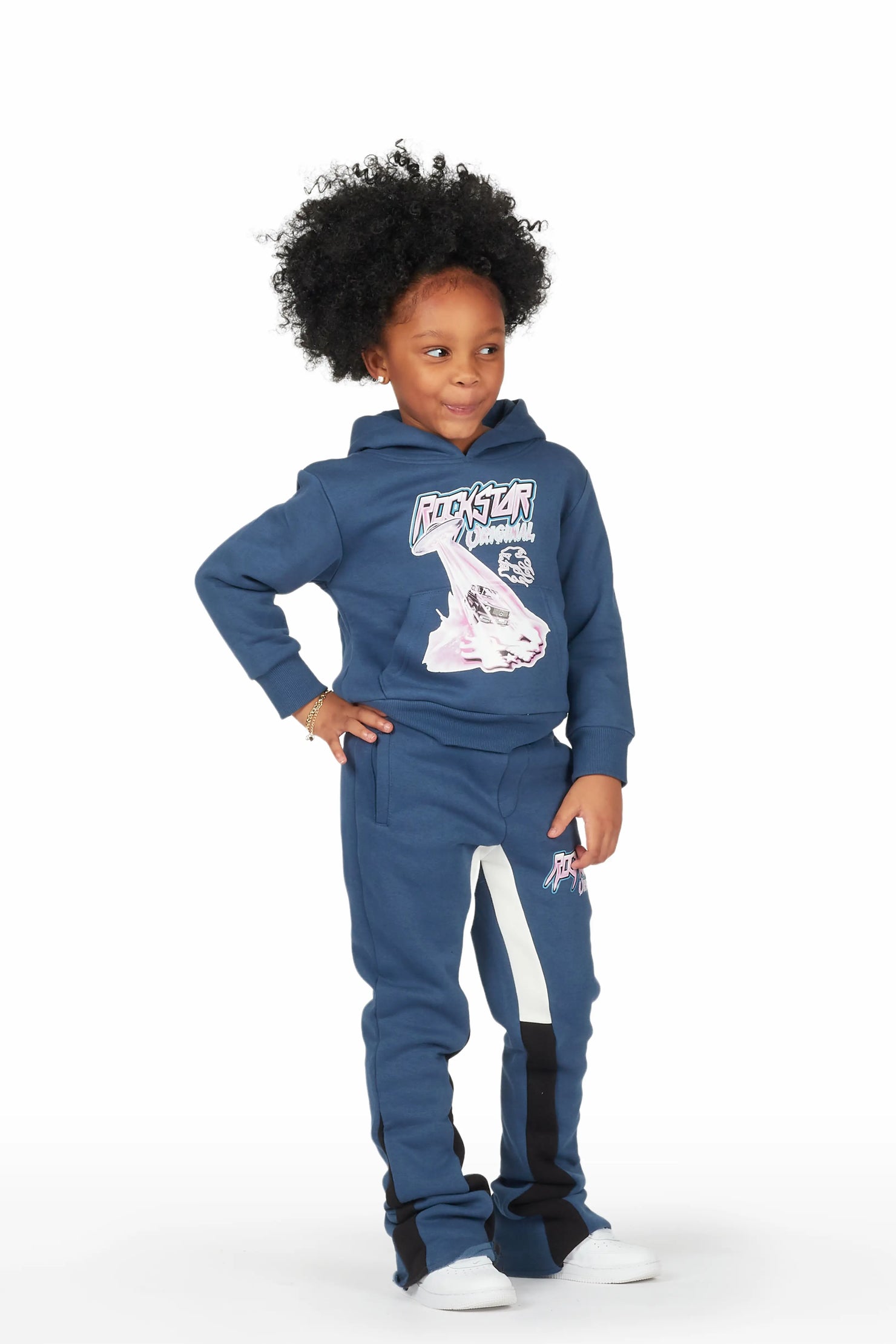 Girls Darbie Navy Hoodie Super Stacked Flare Track Set