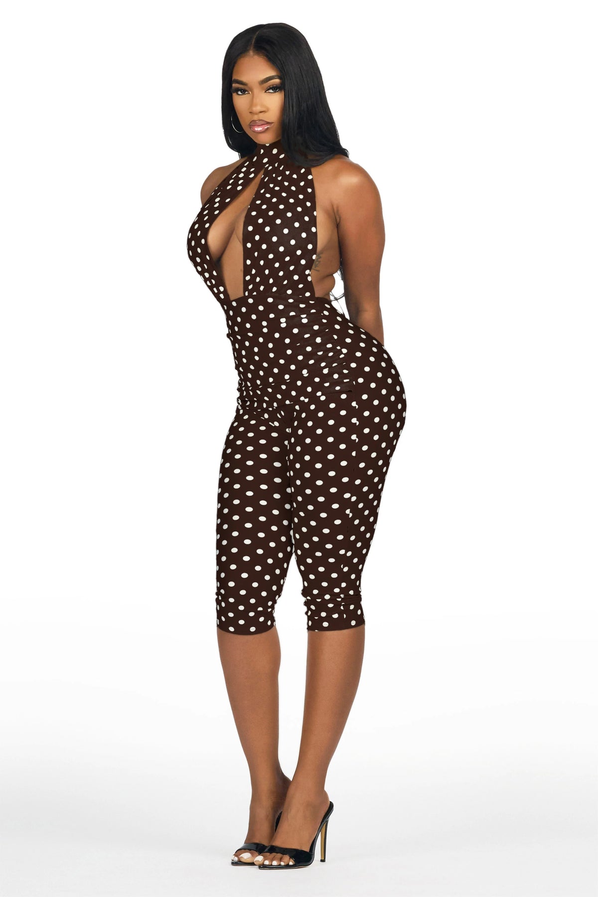 Dott-ed Brown Polka Dot Capri Jumpsuit