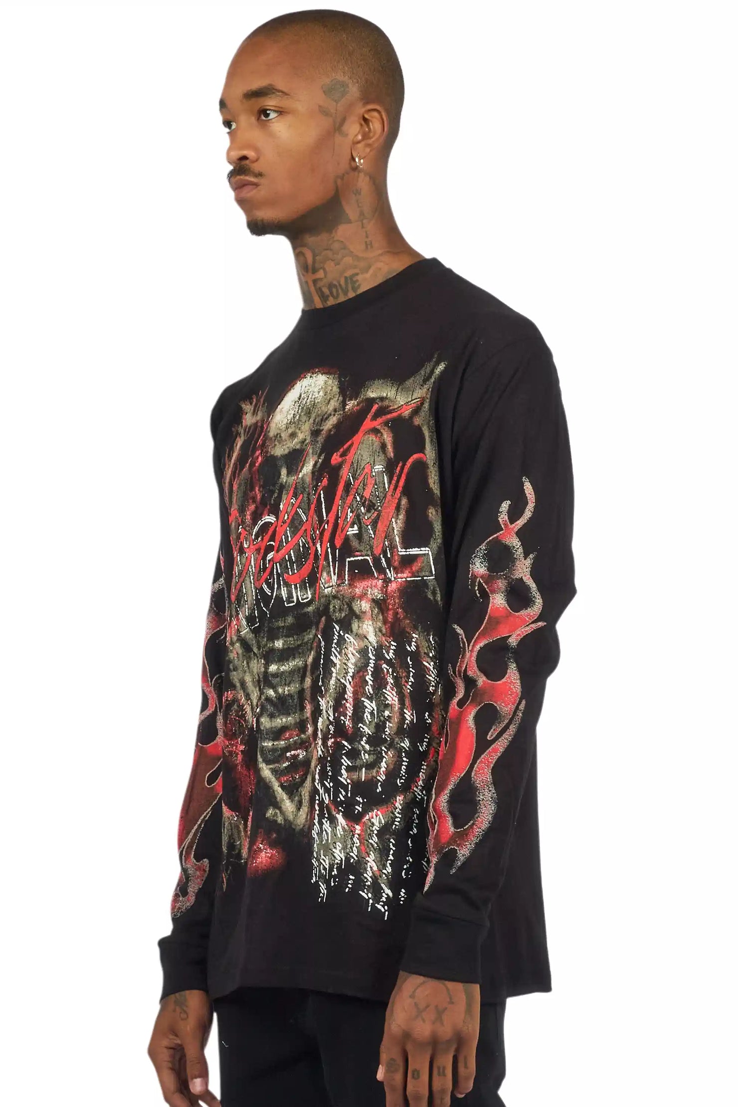 Scipt Black/Red Long Sleeve Graphic T-Shirt