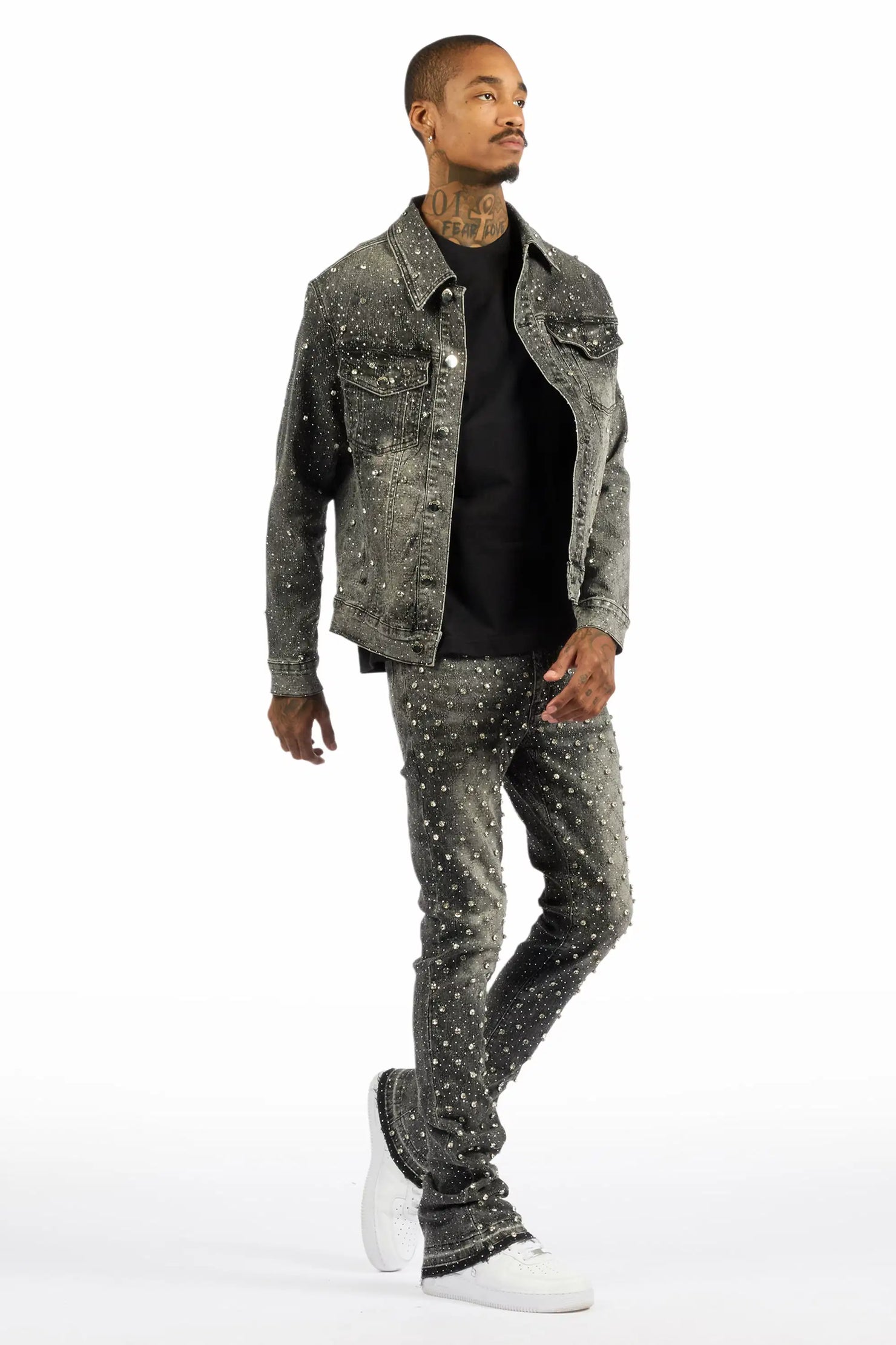 Glit Dark Grey Rhinestone Denim Jacket/Stacked Flare Jean Set
